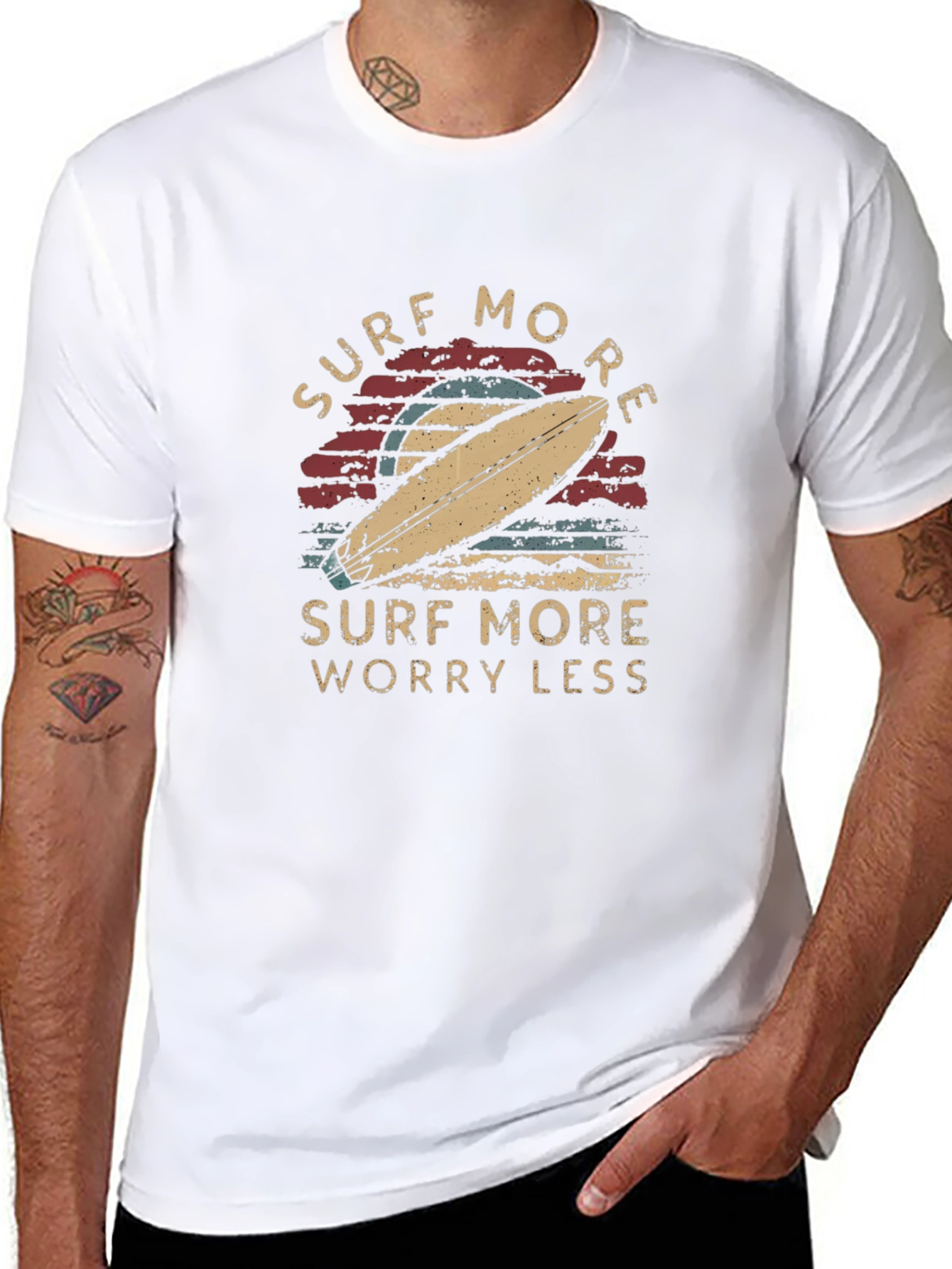 Black Surf More Worry Less Graphic Tee - Retro Surfboard Design view 8