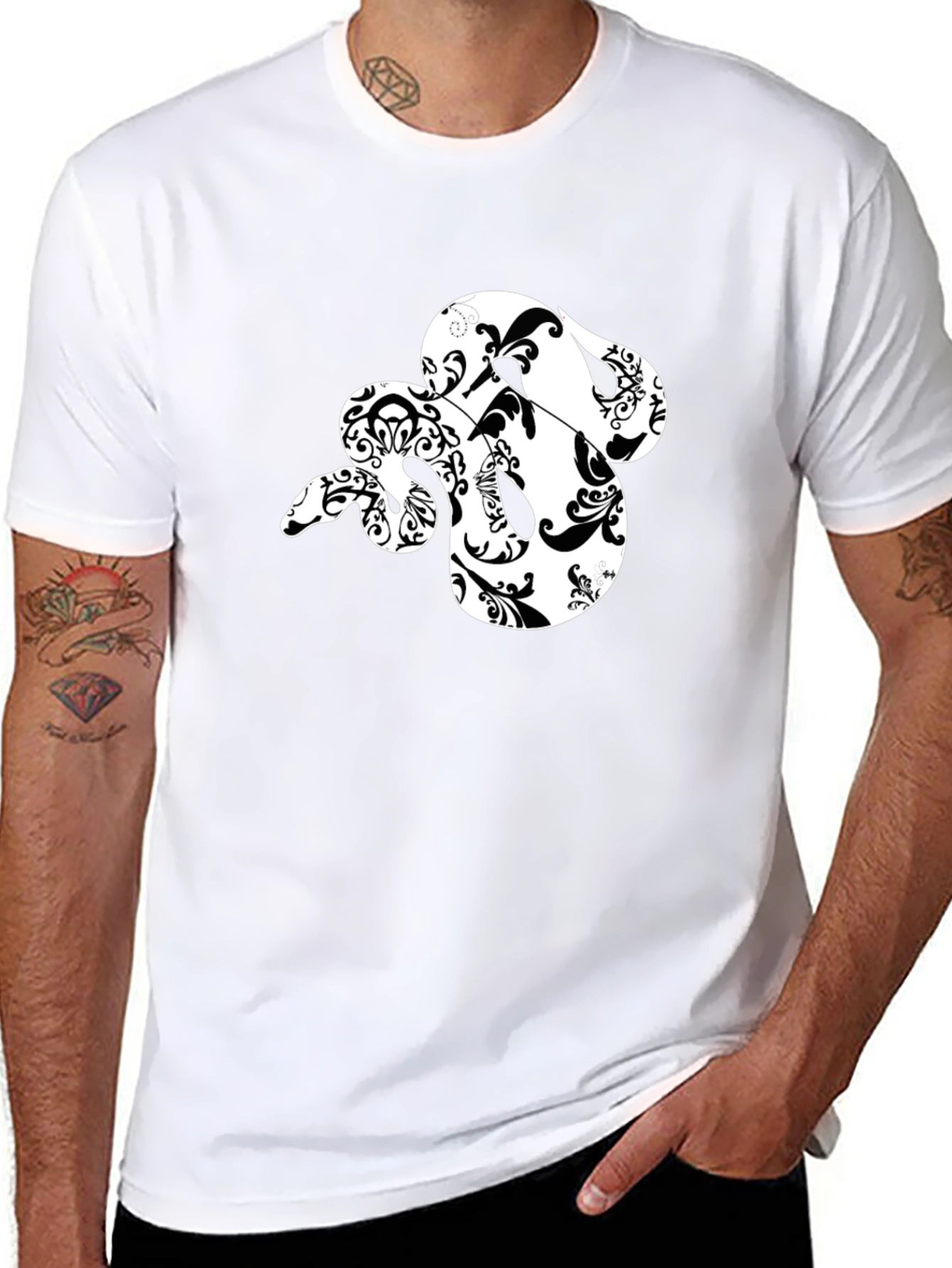 Black Stylish Black T-Shirt with Floral Snake Design view 8