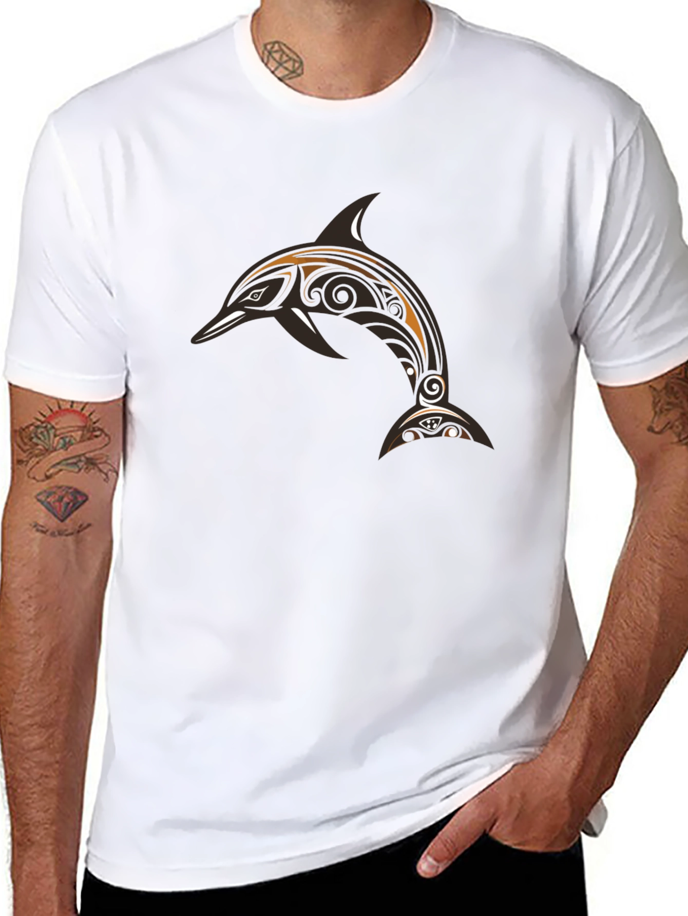 Black Men's Black T-Shirt with Tribal Dolphin Design view 8