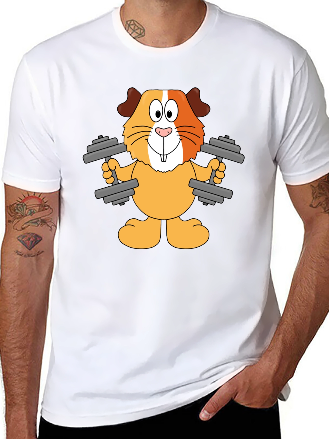 Black Funny Guinea Pig Lifting Weights T-Shirt view 8