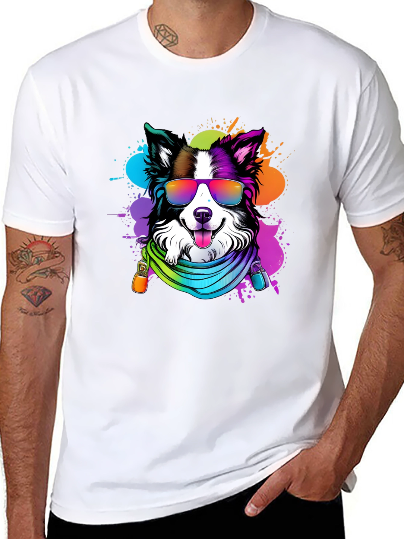 Black Cool Dog Graphic Tee - Colorful Border Collie T-Shirt view 8