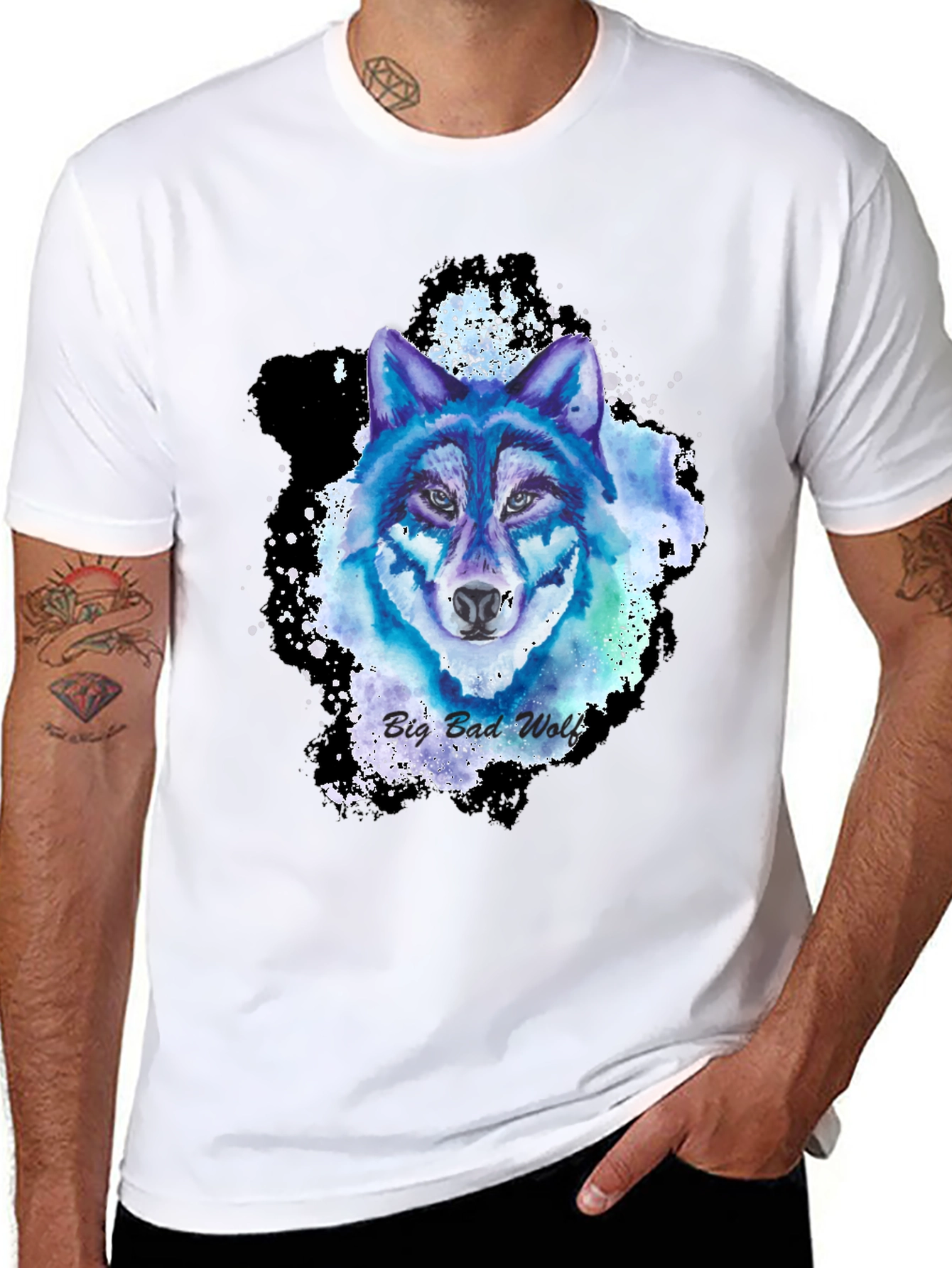 Black Watercolor Wolf Graphic Tee - Cool Animal Design view 8