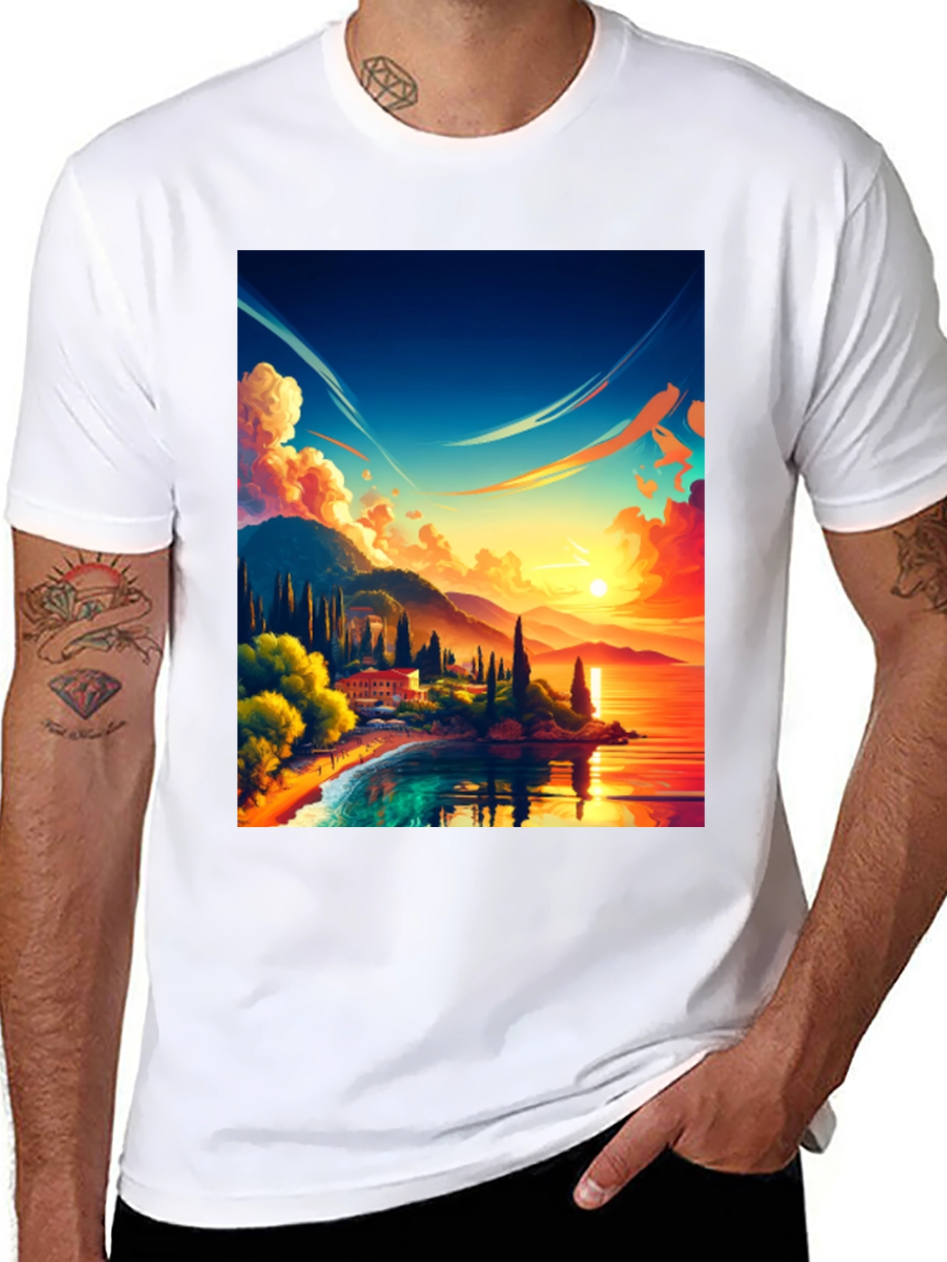 Black Vibrant Sunset Landscape Graphic Tee view 8