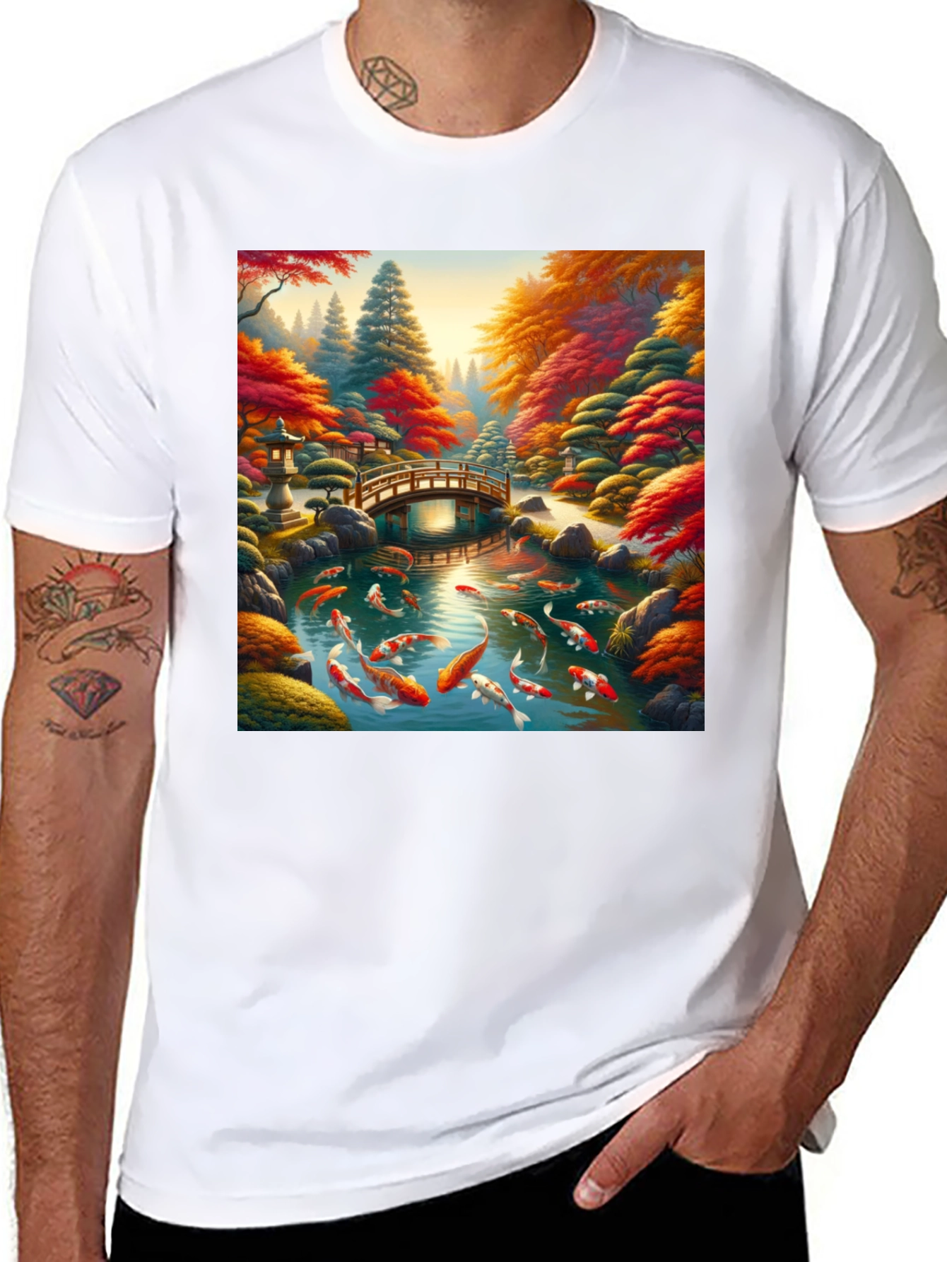 Black Koi Pond Graphic Tee - Artistic Japanese Garden Design view 8