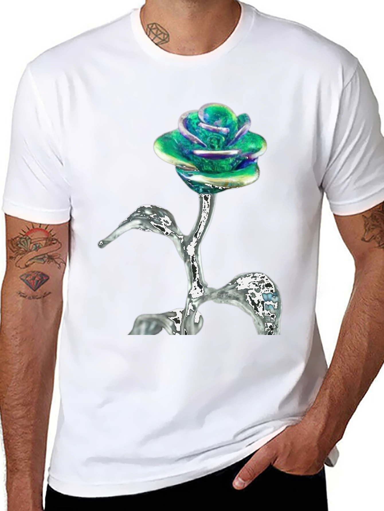 Black Iridescent Rose T-Shirt - Unique Floral Design view 8
