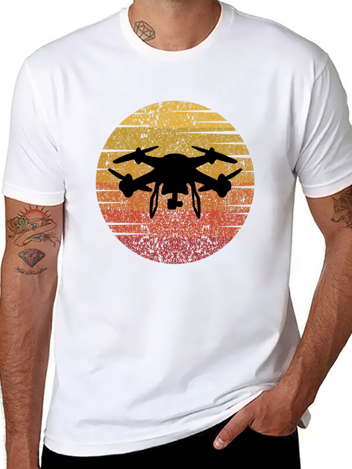 Retro Sunset Drone Graphic Tee -  Vintage Style Black T-Shirt - 8
