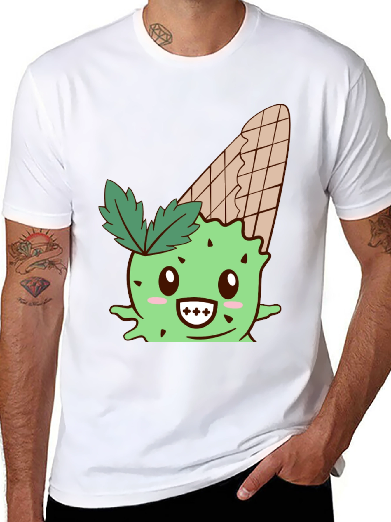 Black Cute Ice Cream Cactus Graphic Tee - Black view 8