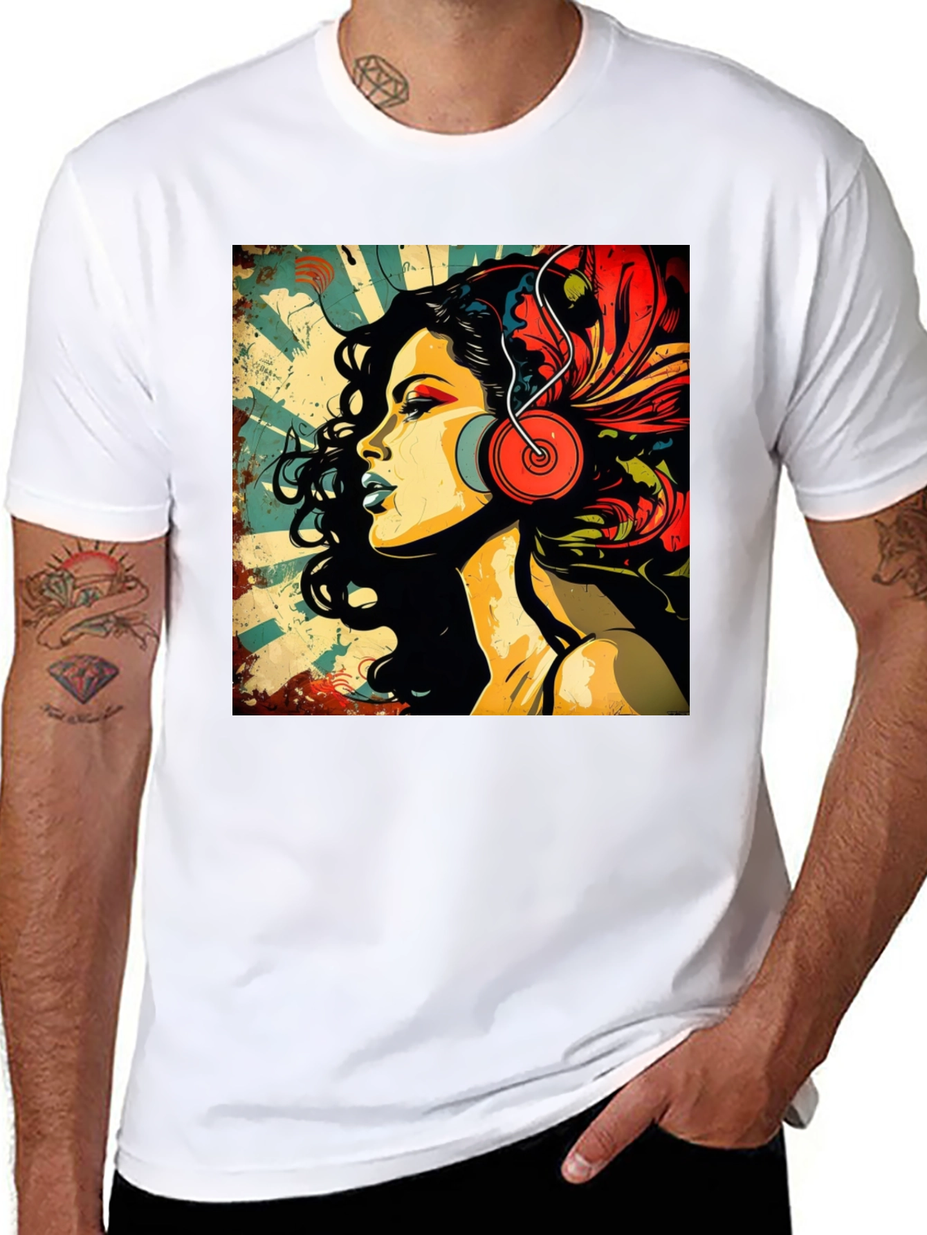 Black Retro Woman with Headphones Graphic Tee view 8