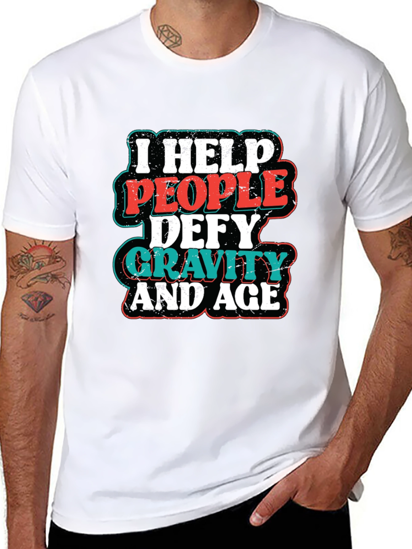 Black I Help People Defy Gravity and Age T-Shirt view 8