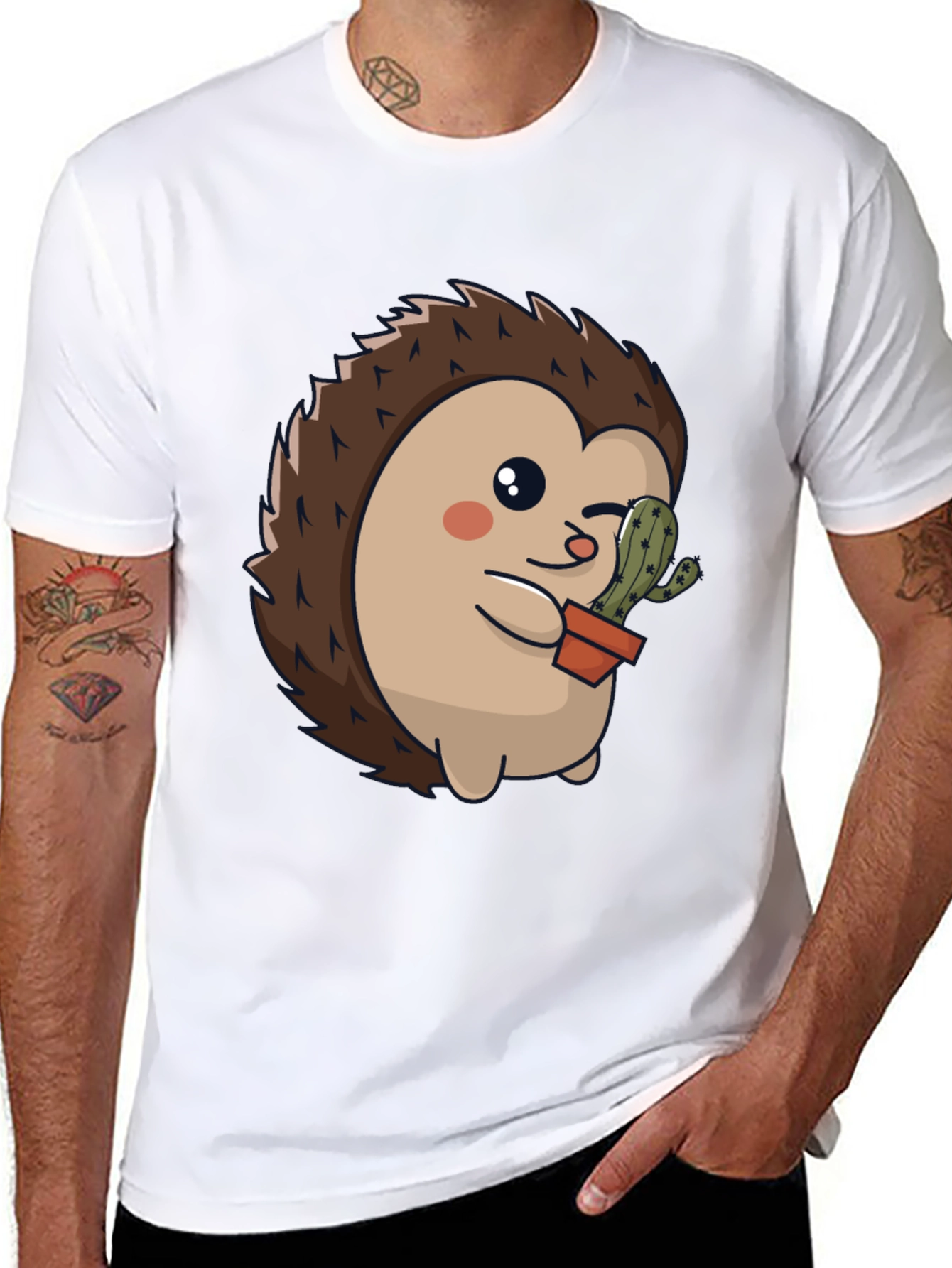 Black Cute Hedgehog with Cactus Graphic Tee view 8