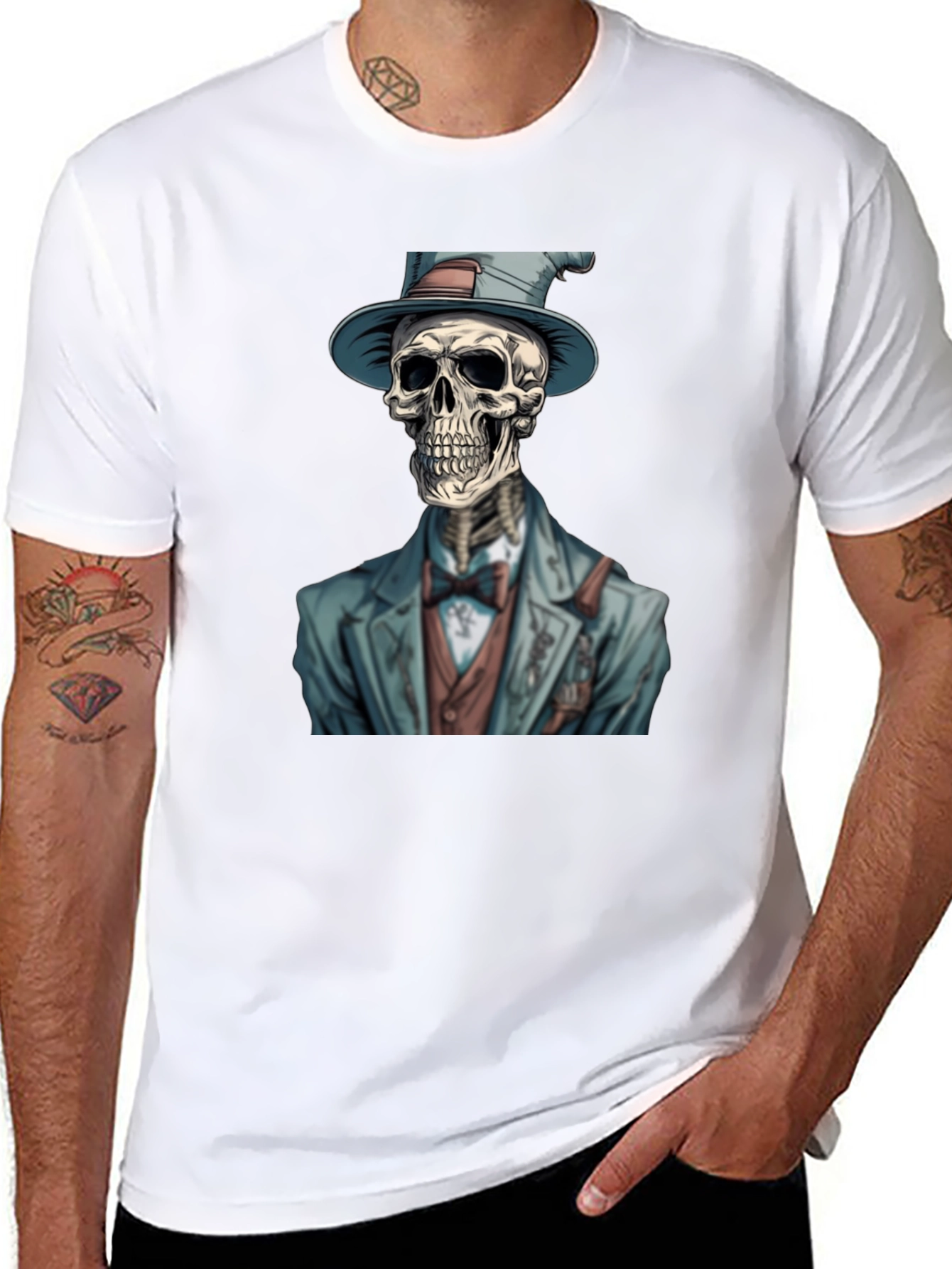 Black Dapper Skeleton T-Shirt - Unique Graphic Tee view 8