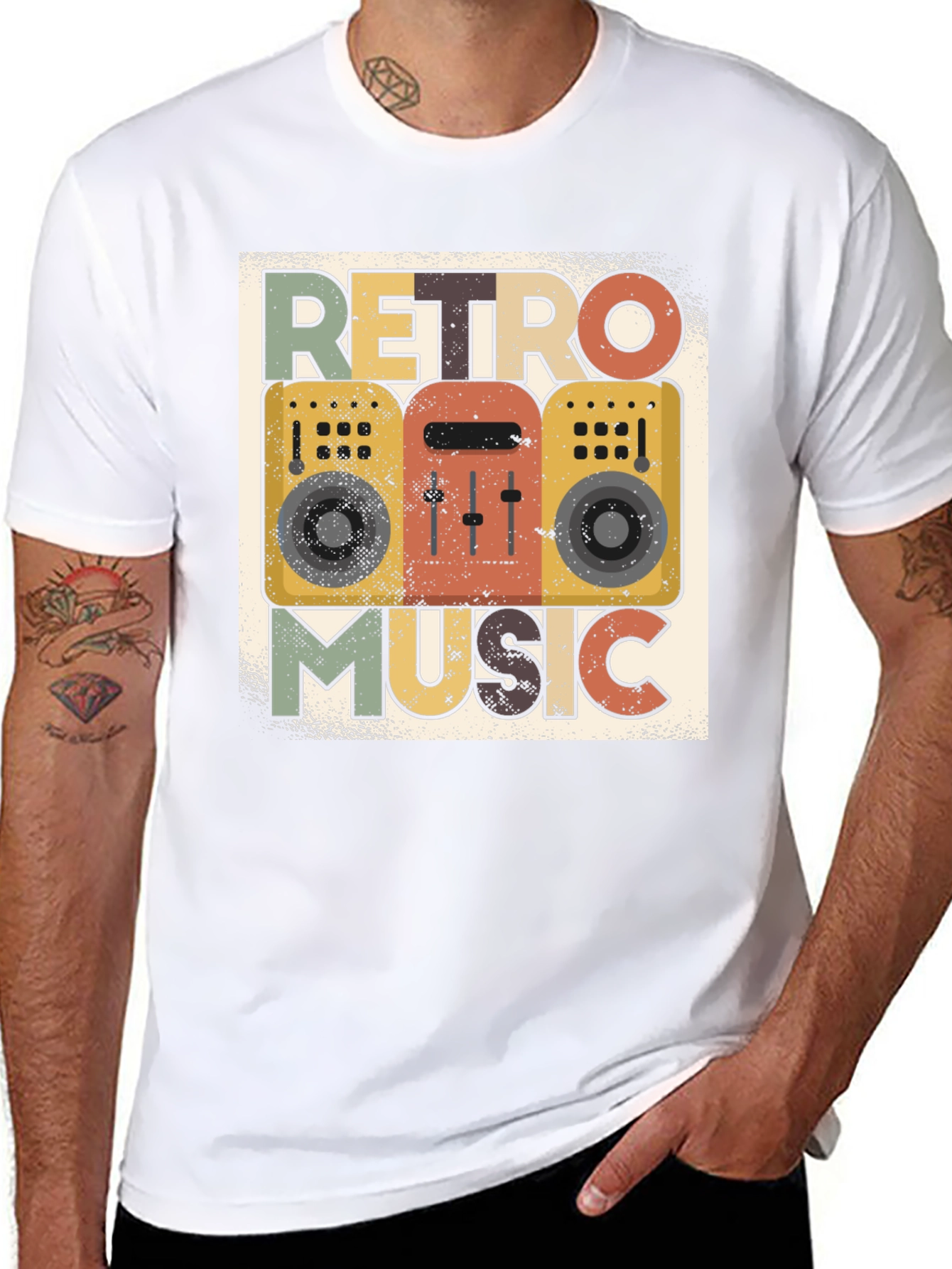Black Retro Music Graphic Tee - Vintage Boombox T-Shirt view 8