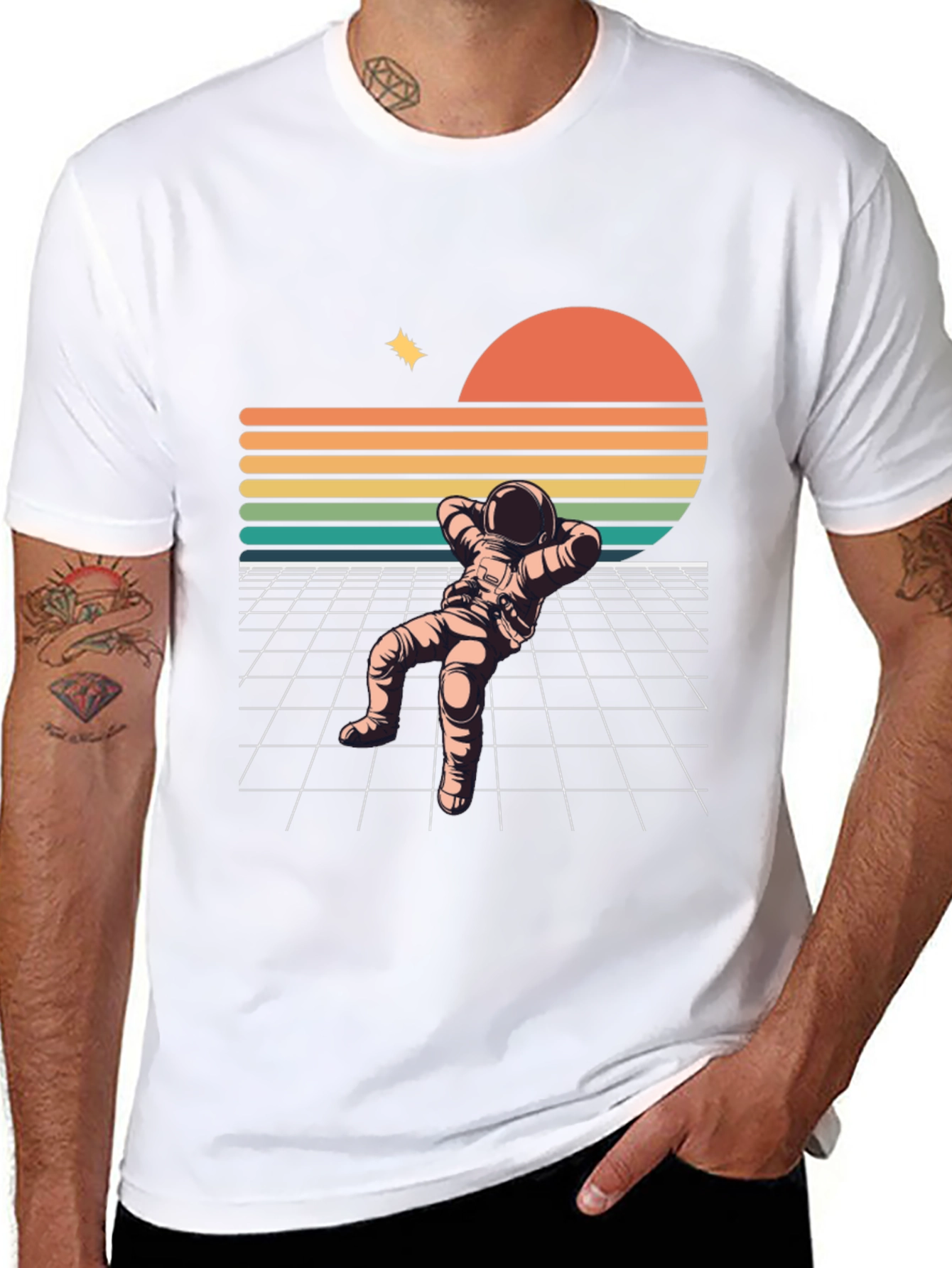 Black Retro Astronaut Relaxing Black T-Shirt view 8