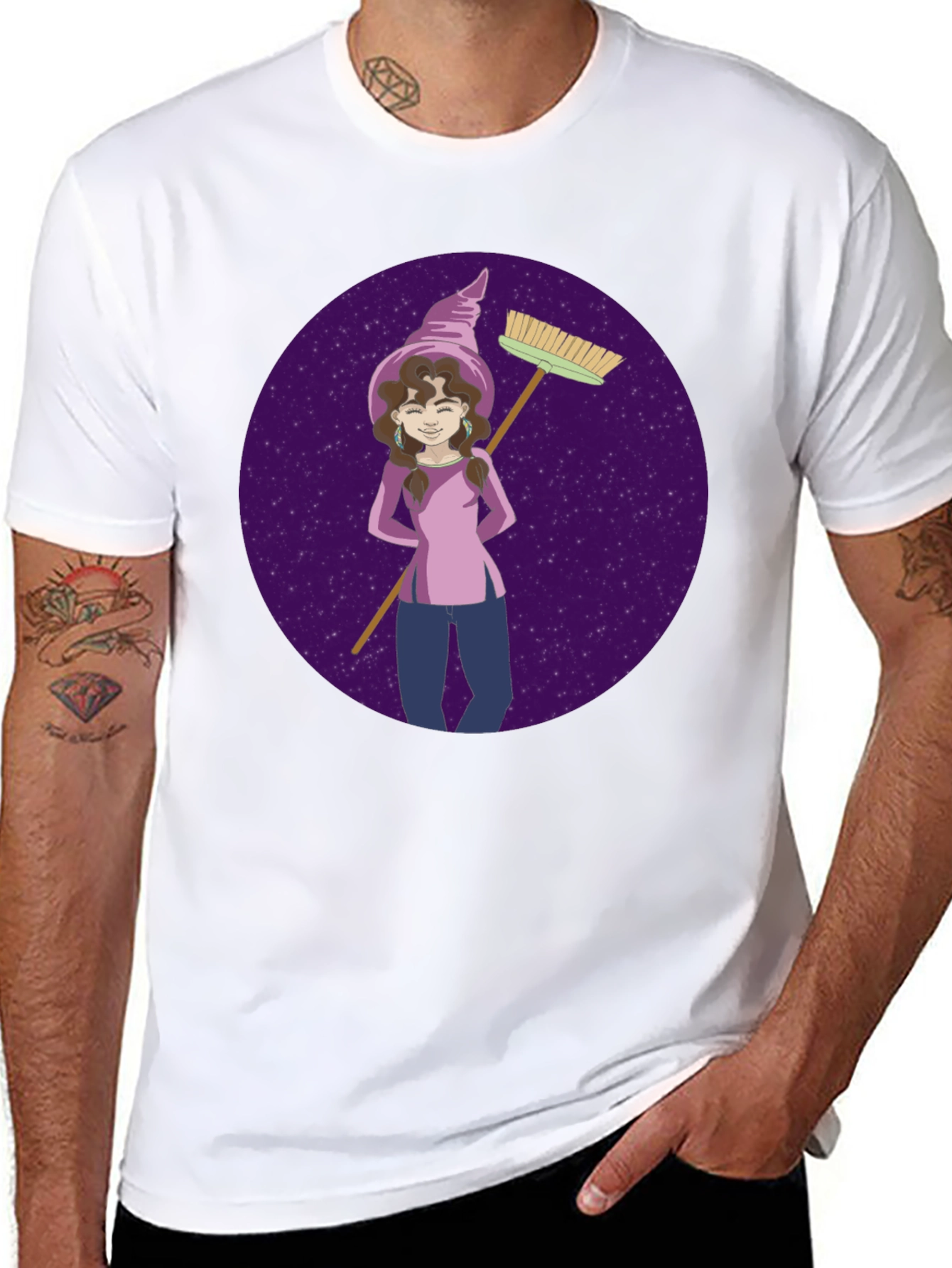 Black Whimsical Witch Graphic Tee - Broom & Stars Design view 8