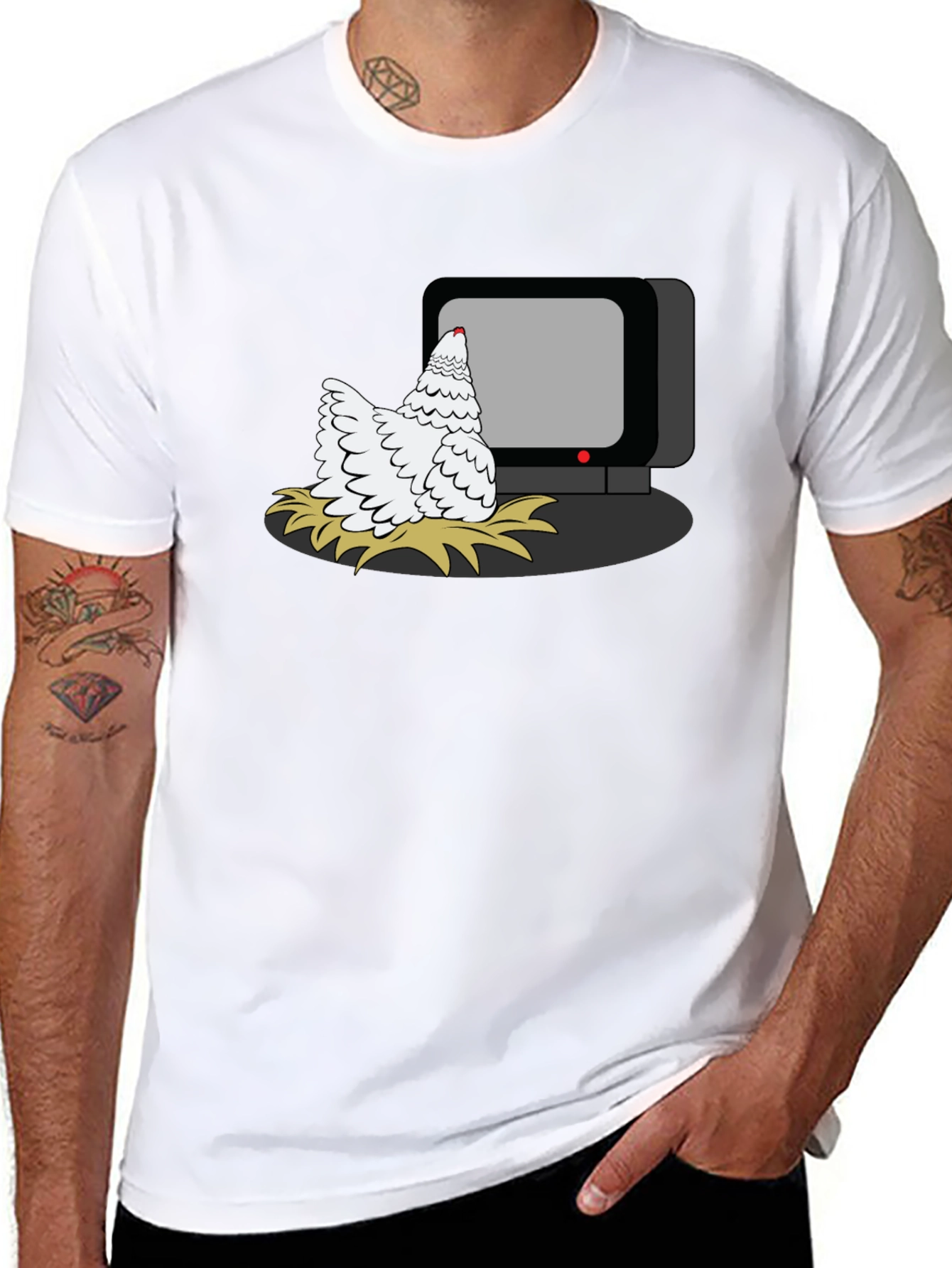 Black Chicken Watching TV Graphic T-Shirt view 8
