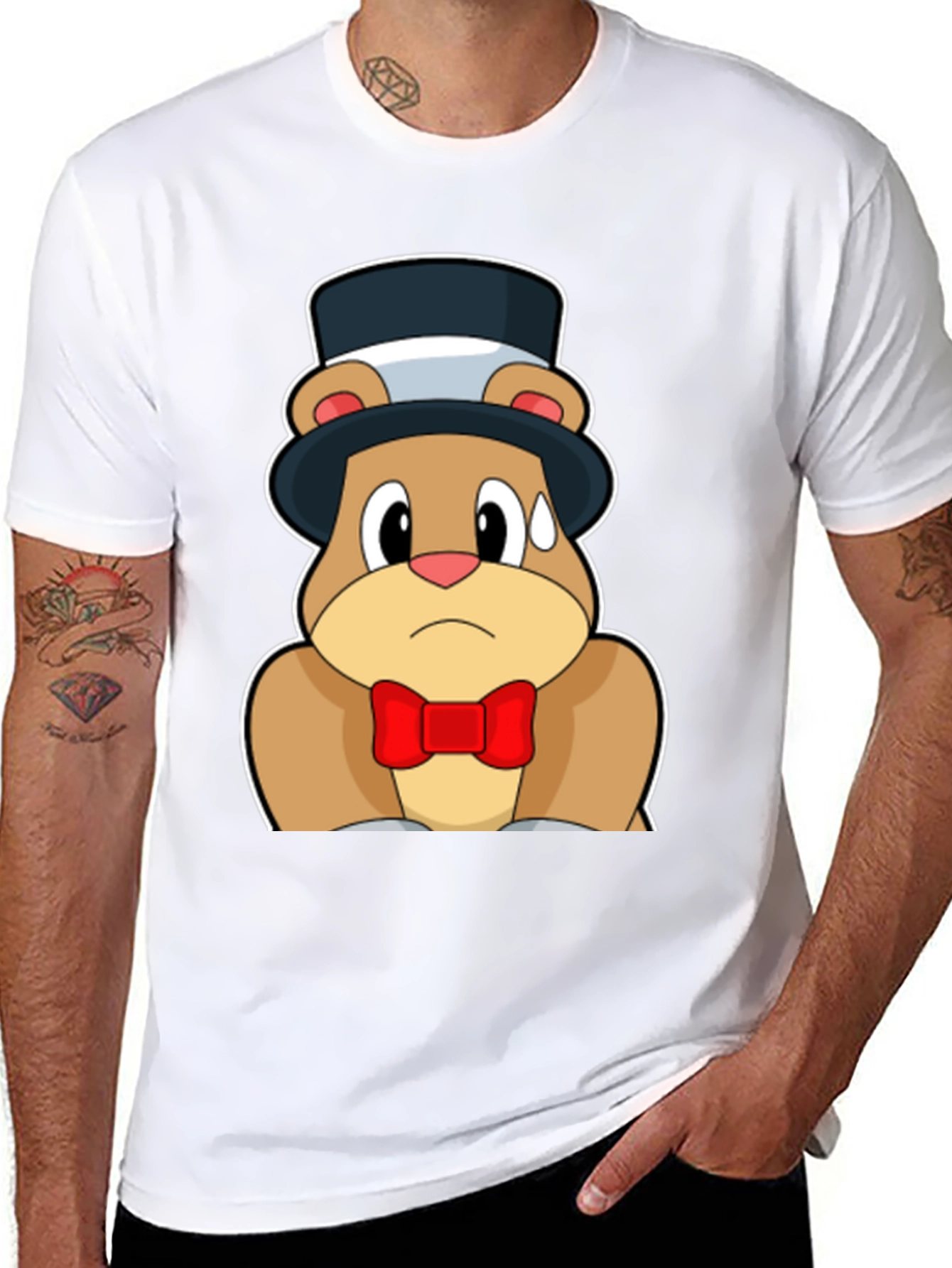 Black Cartoon Bear Top Hat Bowtie Black T-Shirt view 8