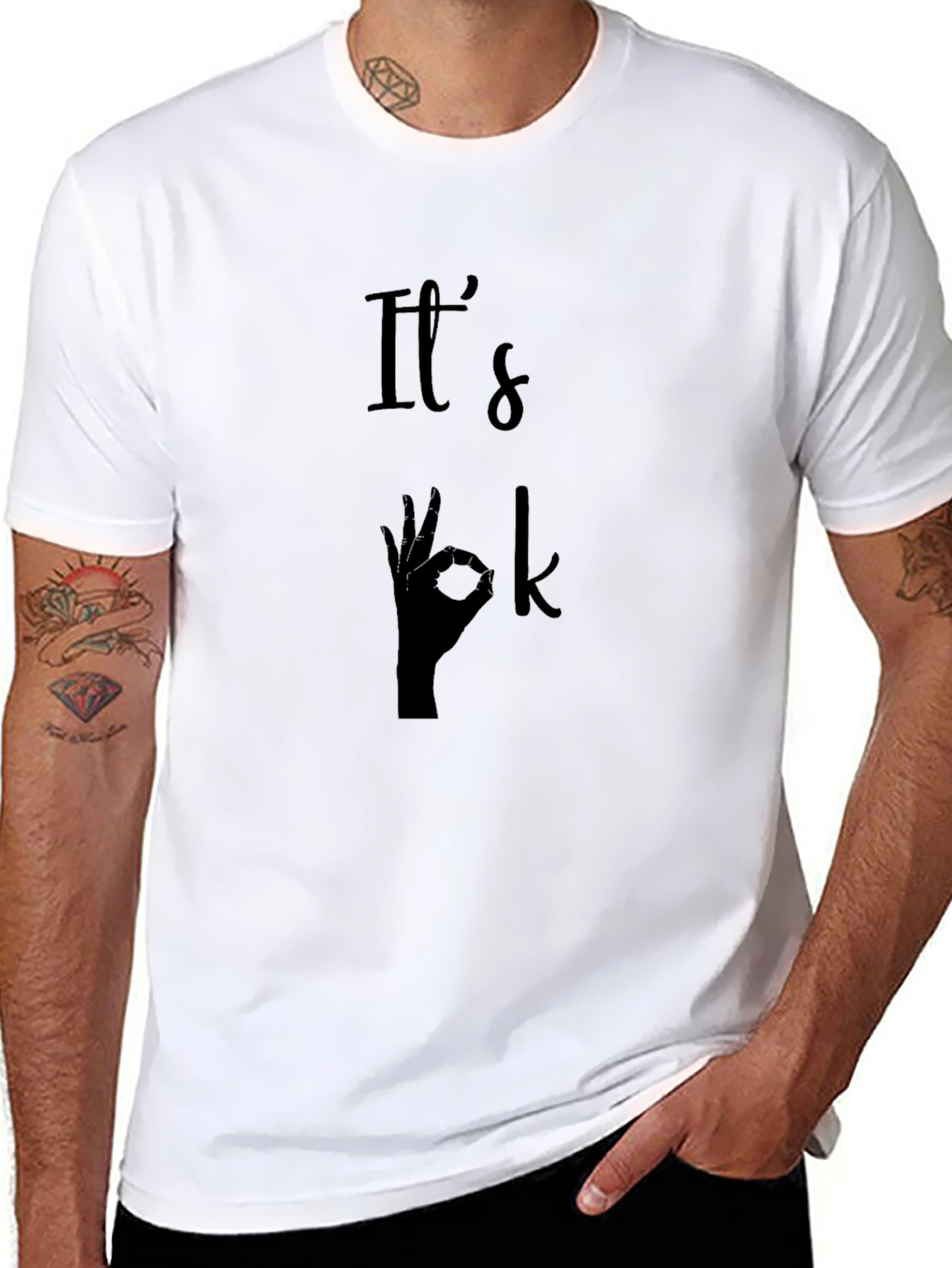 Black It's Ok Hand Gesture Graphic T-Shirt - Men's Black Tee view 8