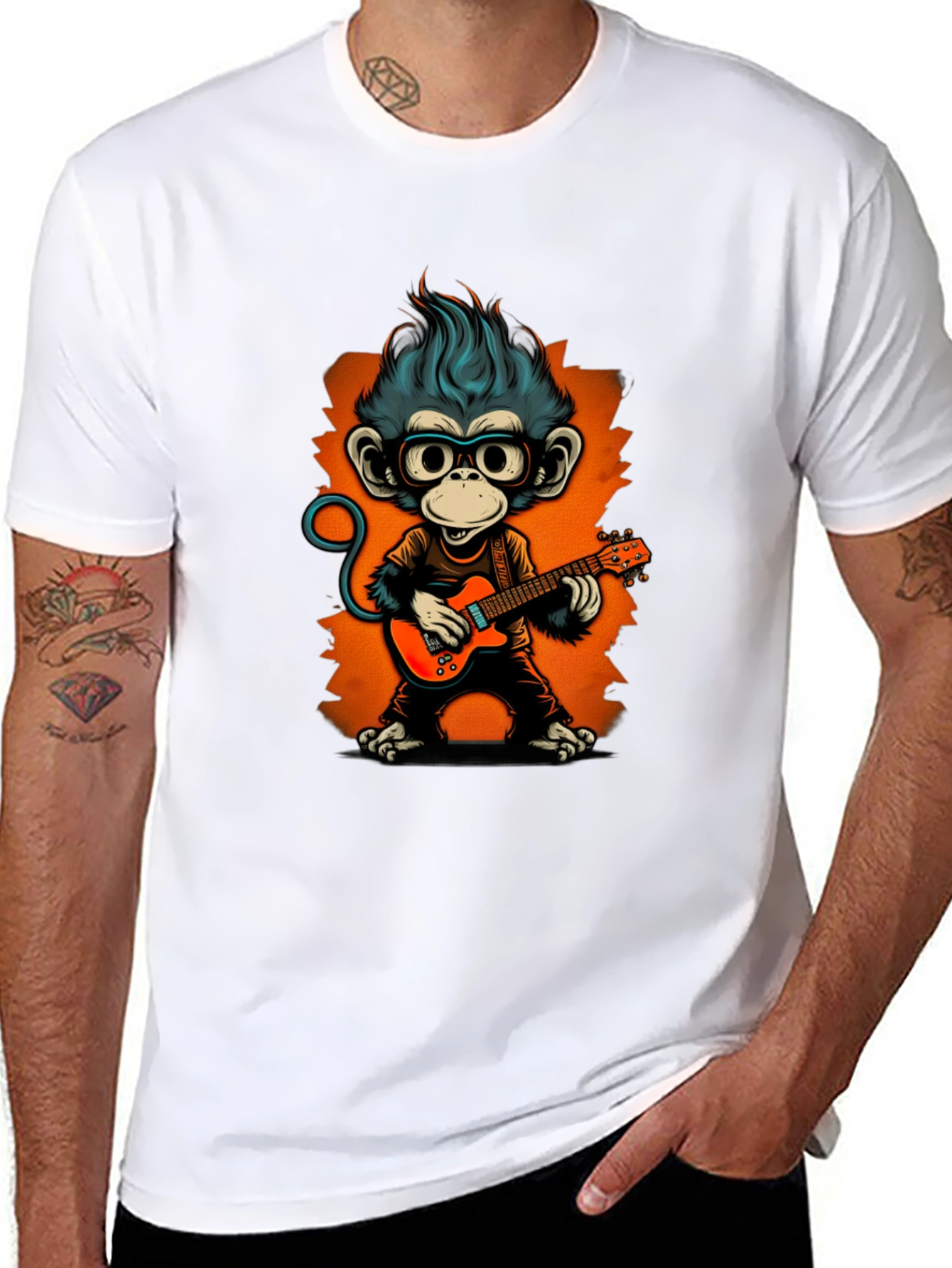 Black Cool Monkey Guitarist Graphic Tee view 8