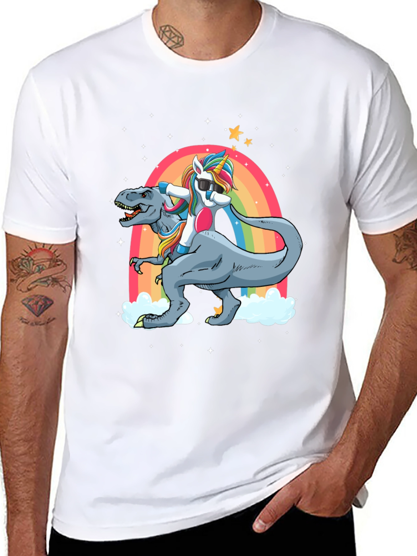 Black Unicorn Riding T-Rex T-Shirt view 8