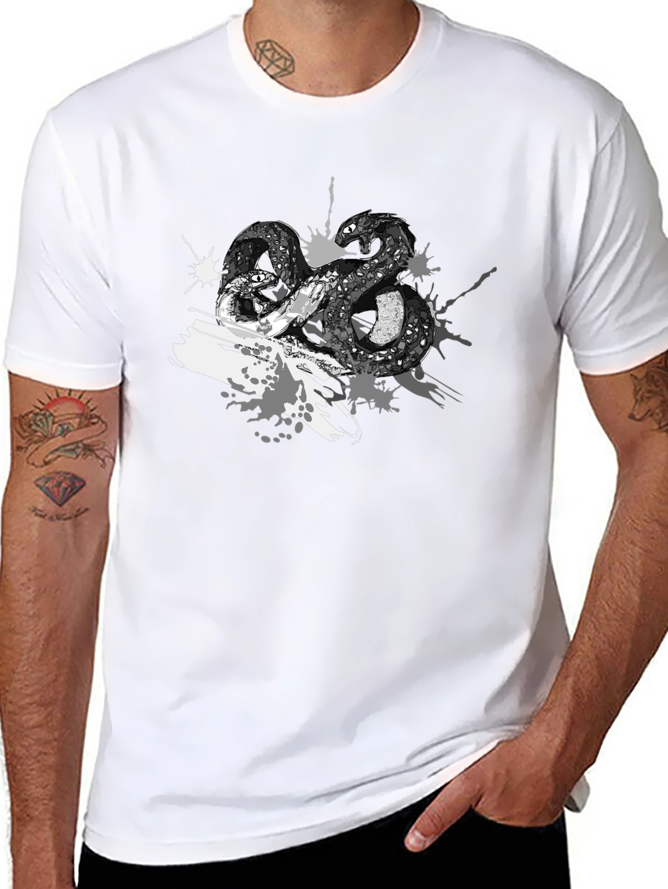 Black Men's Black T-Shirt with Snake Print view 8