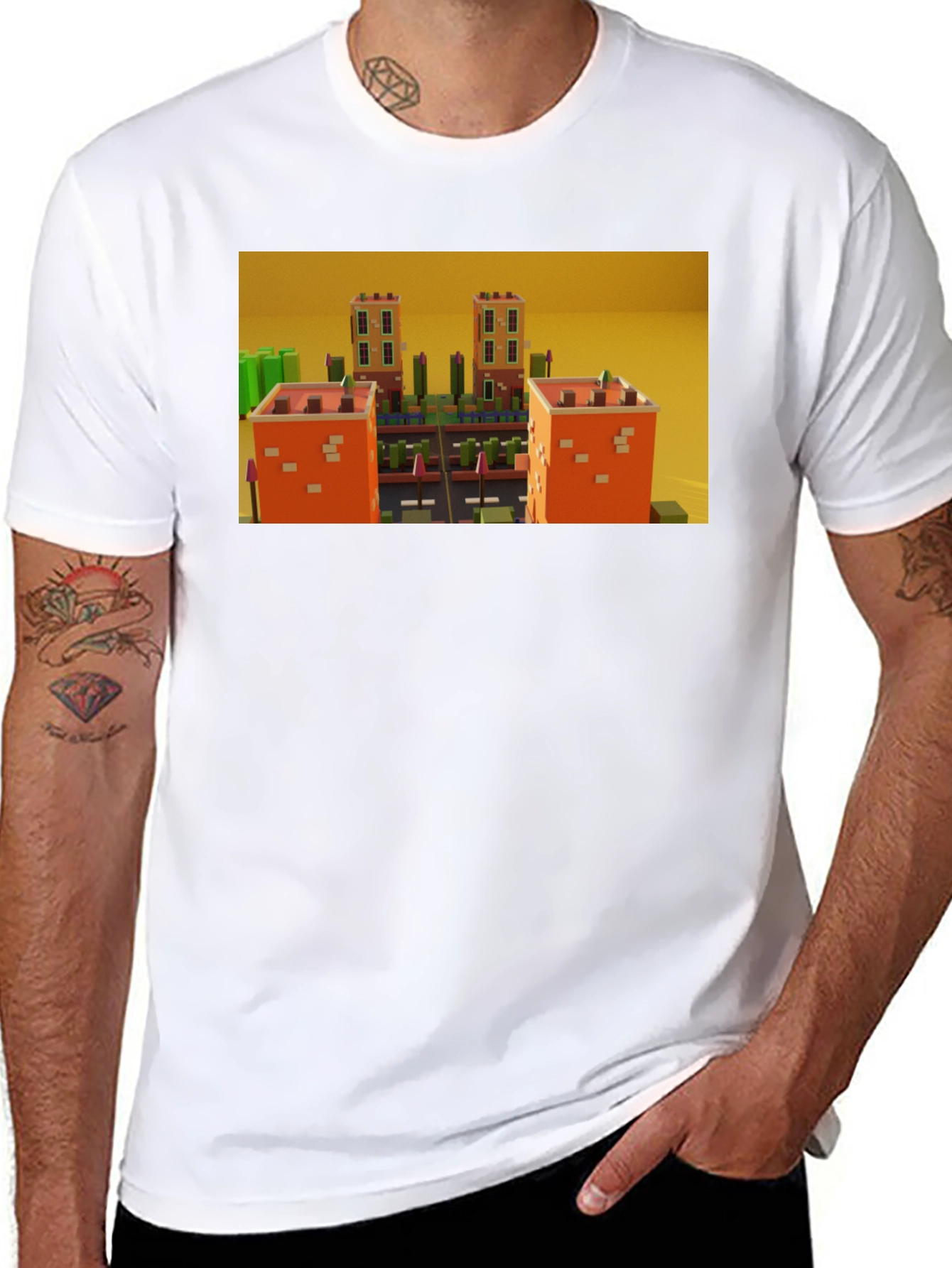 Black Black T-Shirt with 3D Cityscape Design view 8