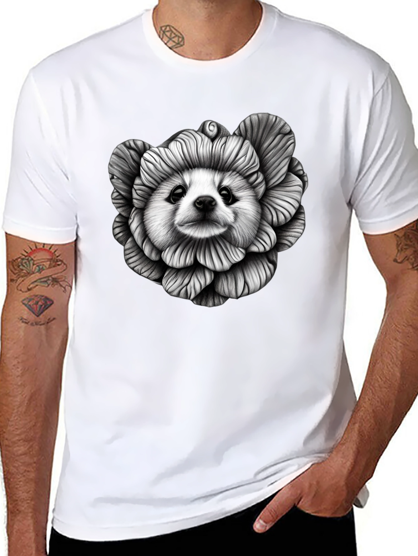 Black Dog Flower Graphic Tee - Unique Art T-Shirt view 8