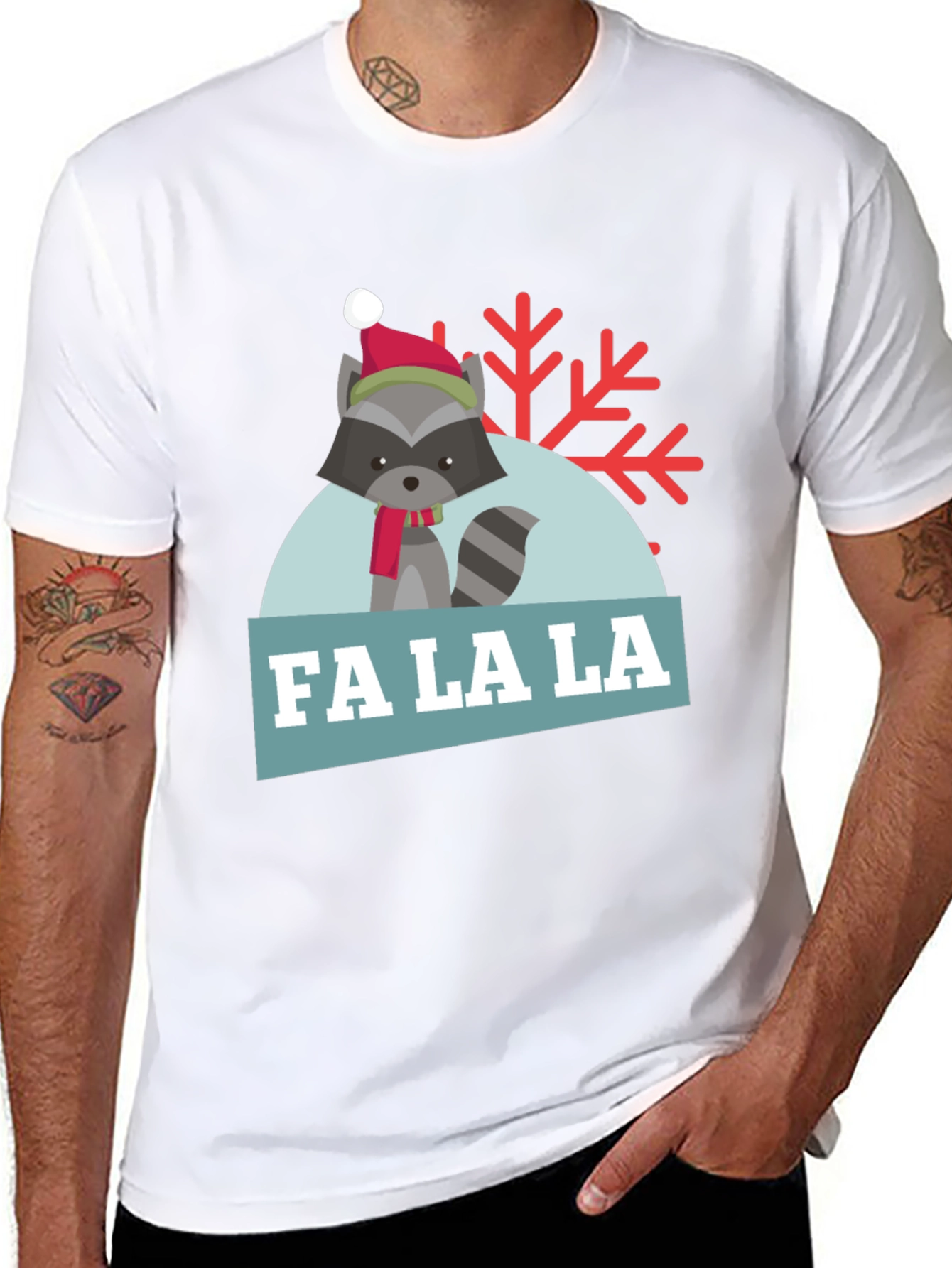 Black Festive Raccoon 'Fa La La' Holiday T-Shirt view 8
