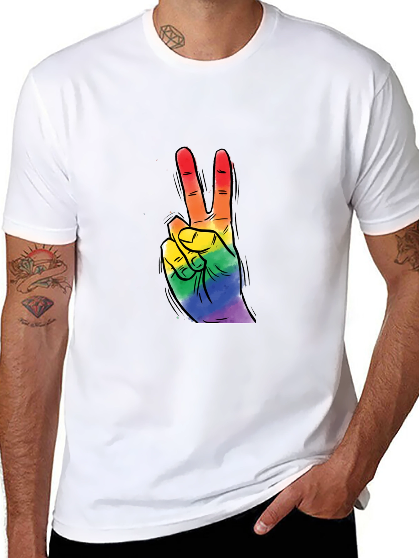 Black Rainbow Peace Sign Graphic Tee - Black Cotton T-Shirt view 8
