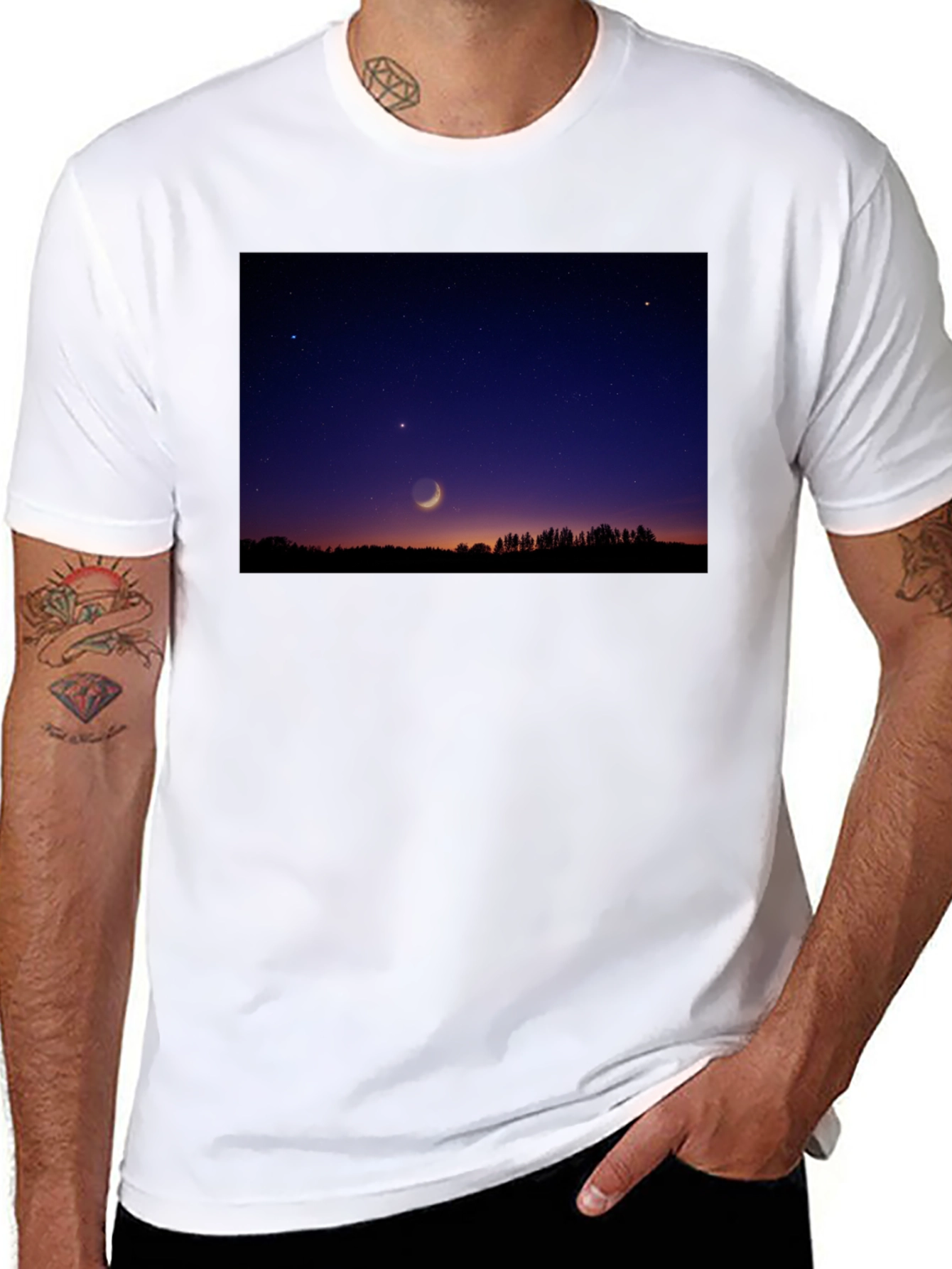 Black Men's Black T-Shirt with Night Sky Crescent Moon Design view 8