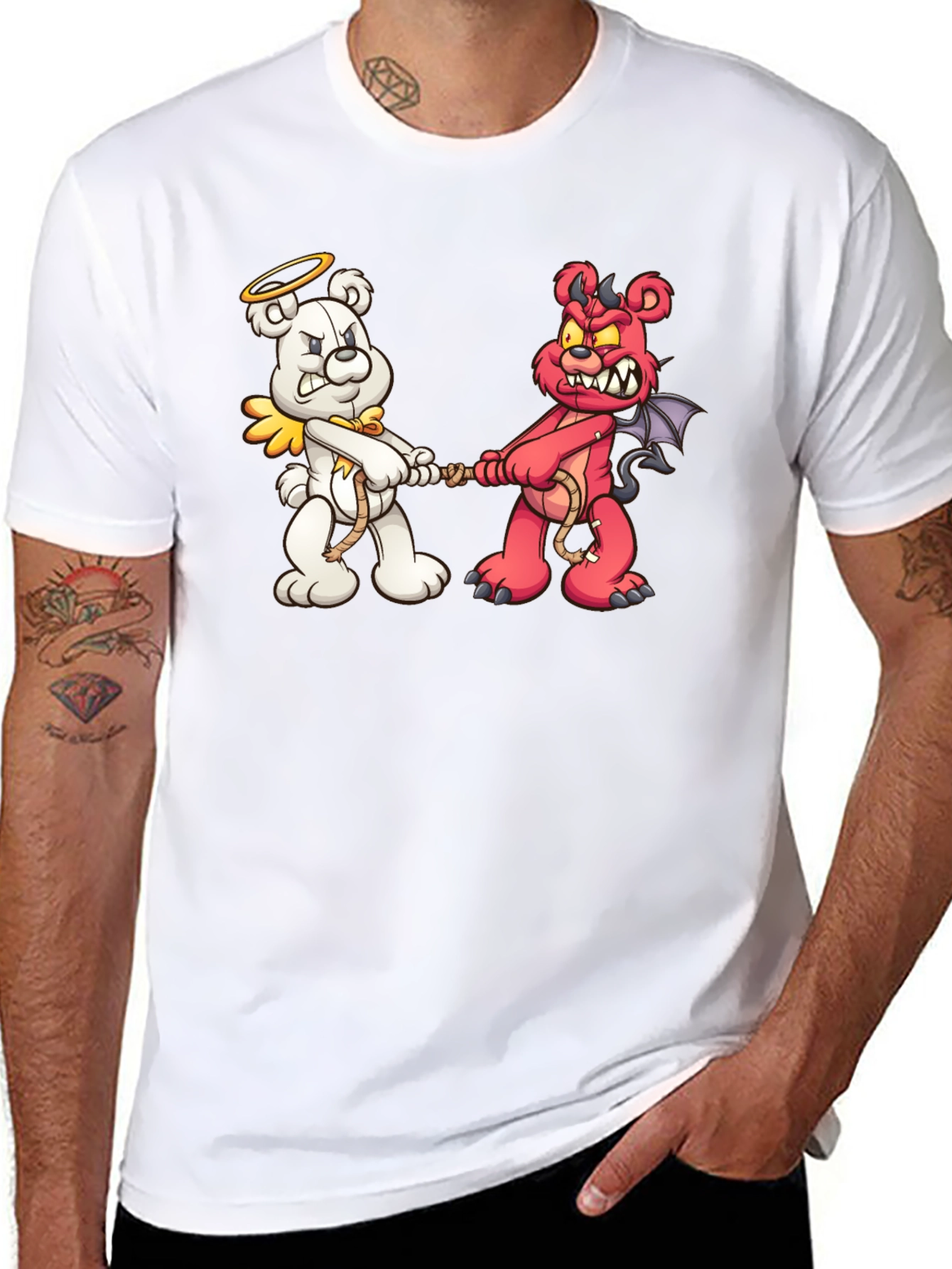 Black Angel vs. Devil Bear Tug-of-War Graphic T-Shirt view 8
