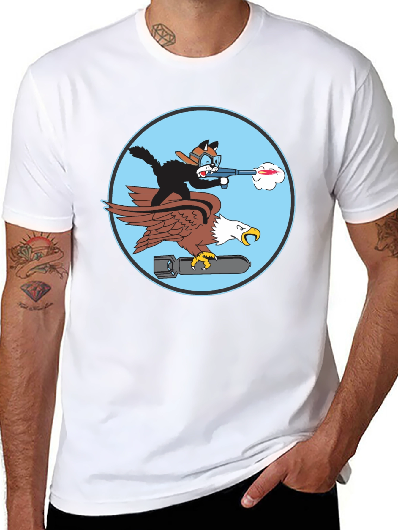Black Cartoon Cat & Eagle T-Shirt - Funny Graphic Tee view 8