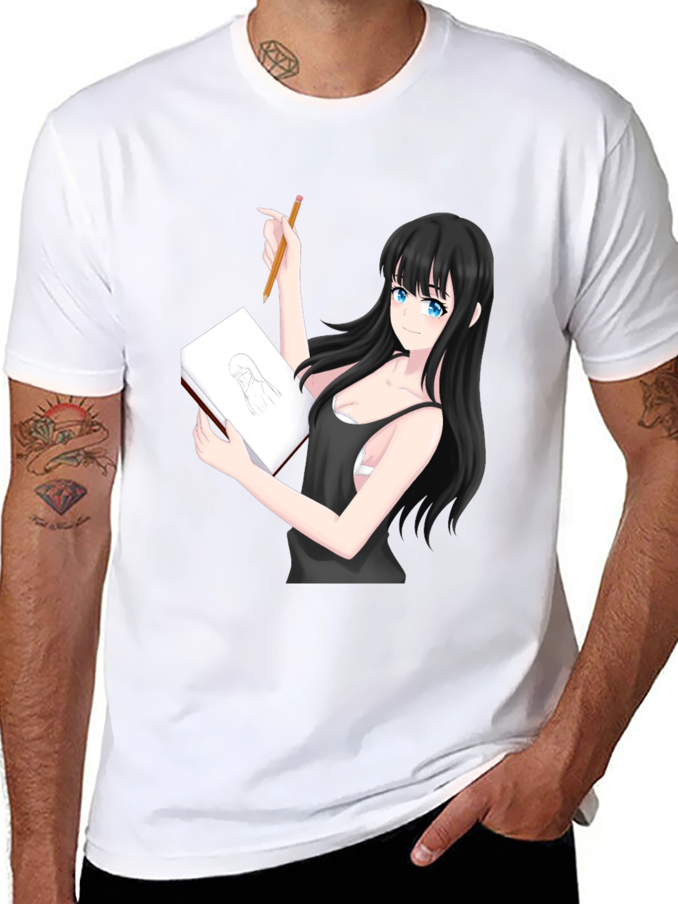 Black Anime Girl Sketch T-Shirt - Unique Design view 8
