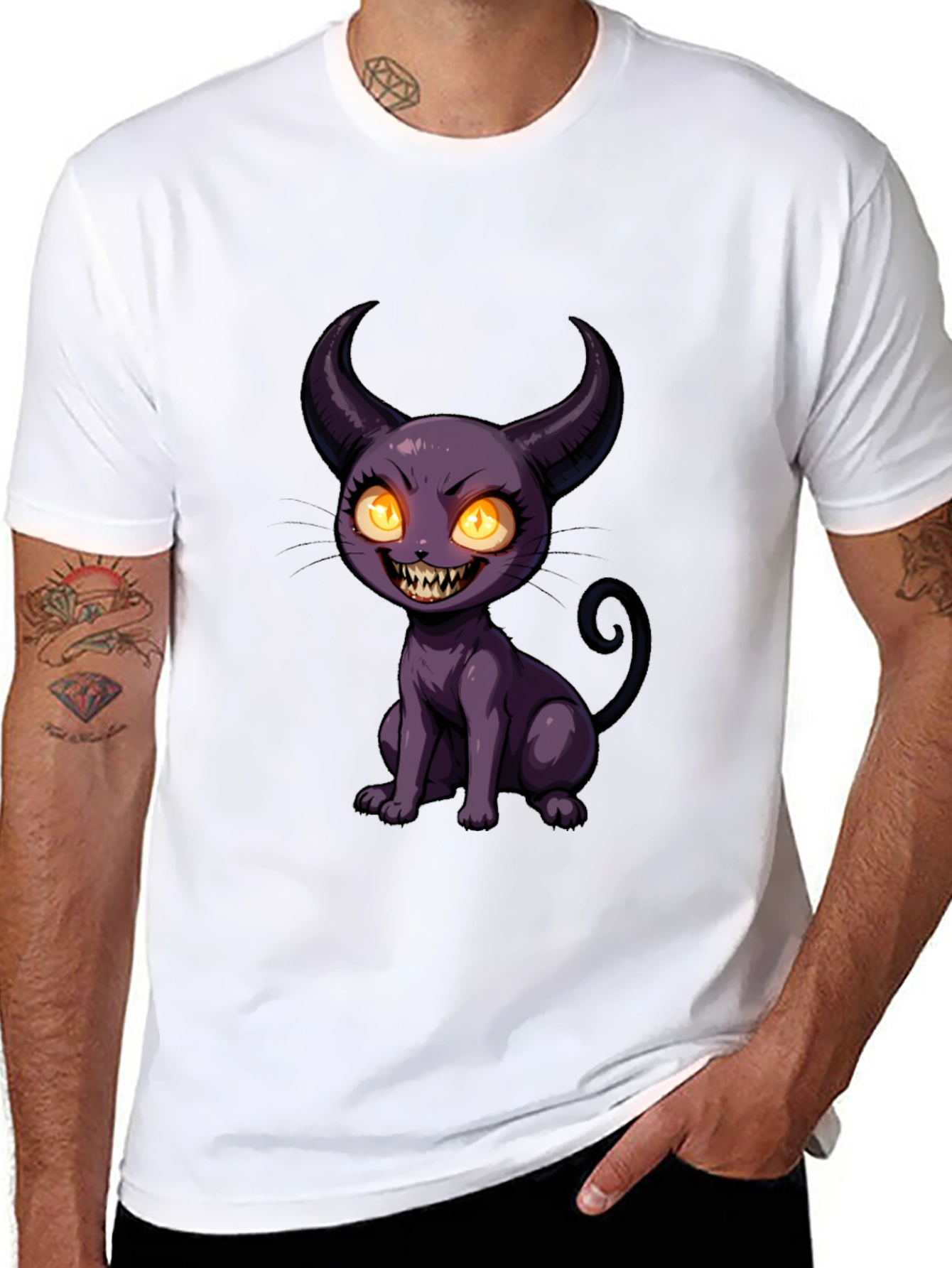 Black Black T-Shirt with Cartoon Devil Cat Print view 8