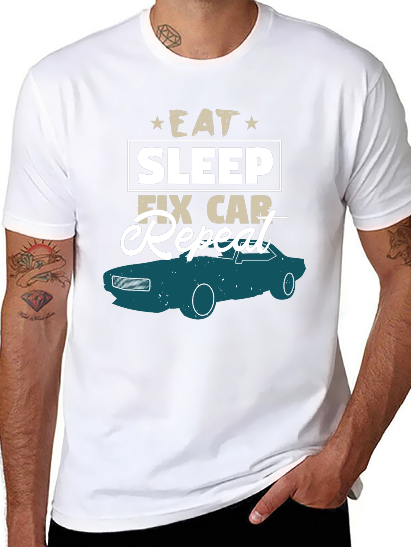 Black Eat Sleep Fix Car Repeat Graphic Tee view 8