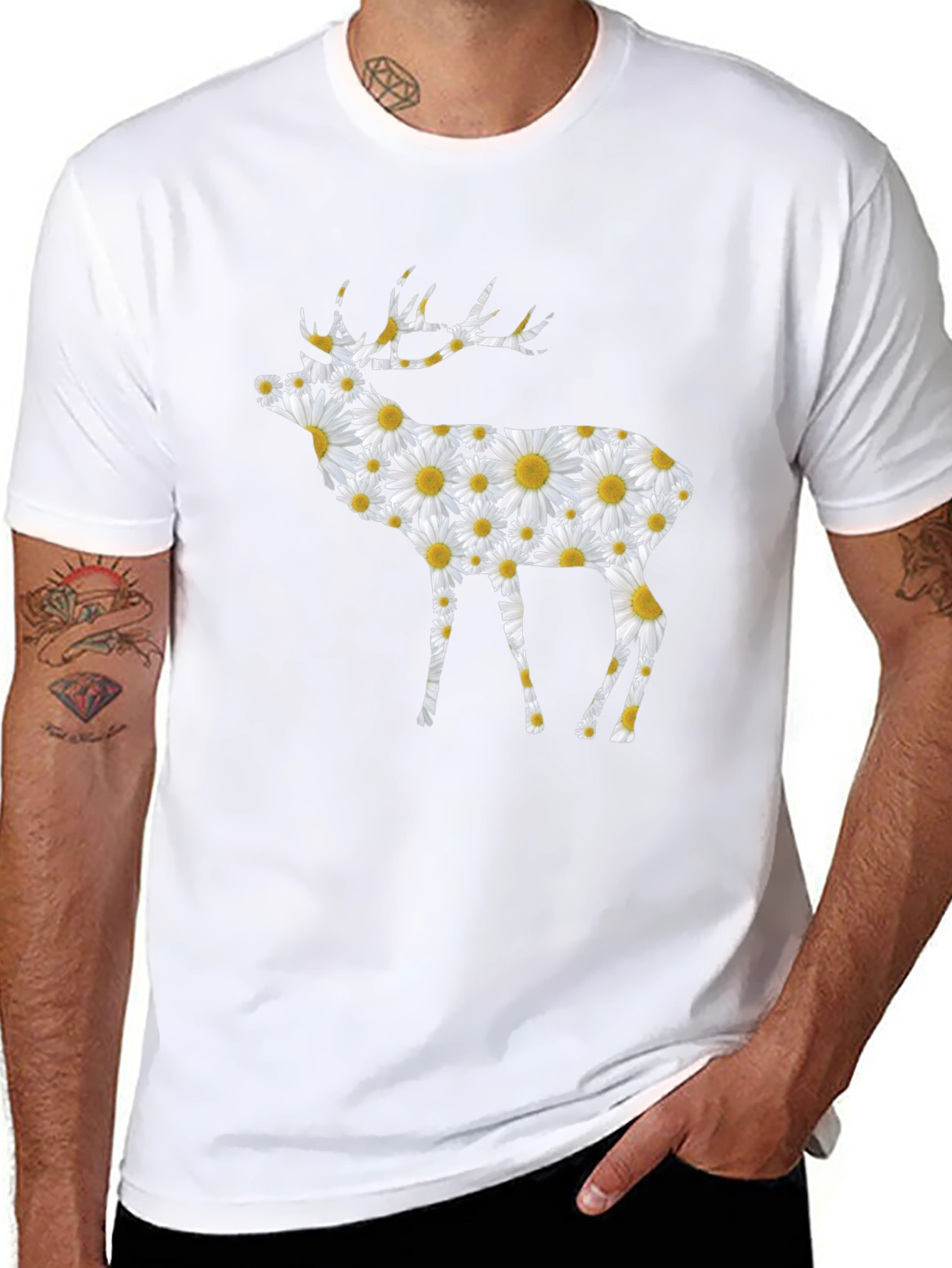 Black Floral Deer Print Black T-Shirt view 8