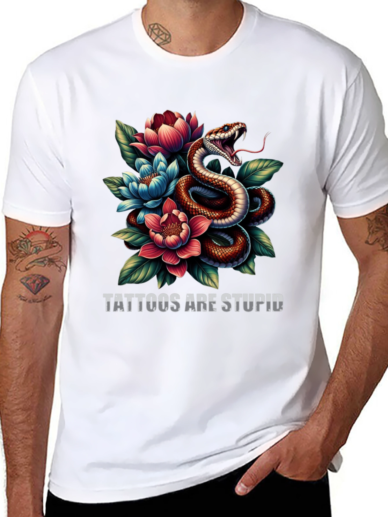 Black Snake & Floral Graphic Tee - Tattoos are Stupid view 8