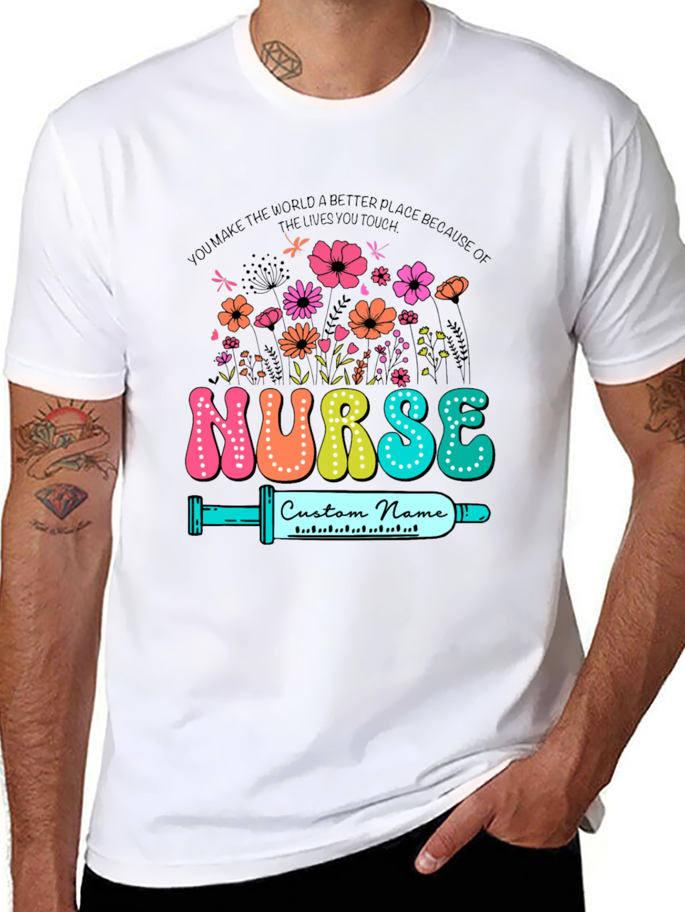 Black Floral Nurse Custom Name T-Shirt view 8