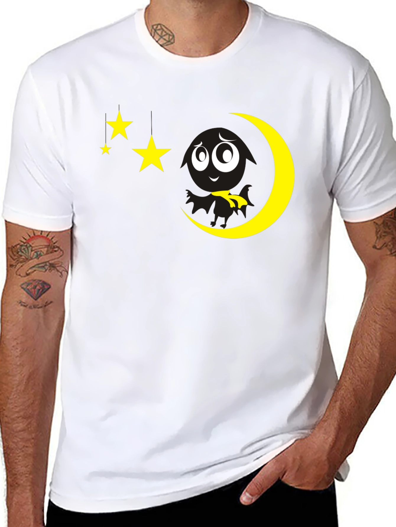 Black Night Sky Tee: Moon & Stars Graphic Black T-Shirt view 8