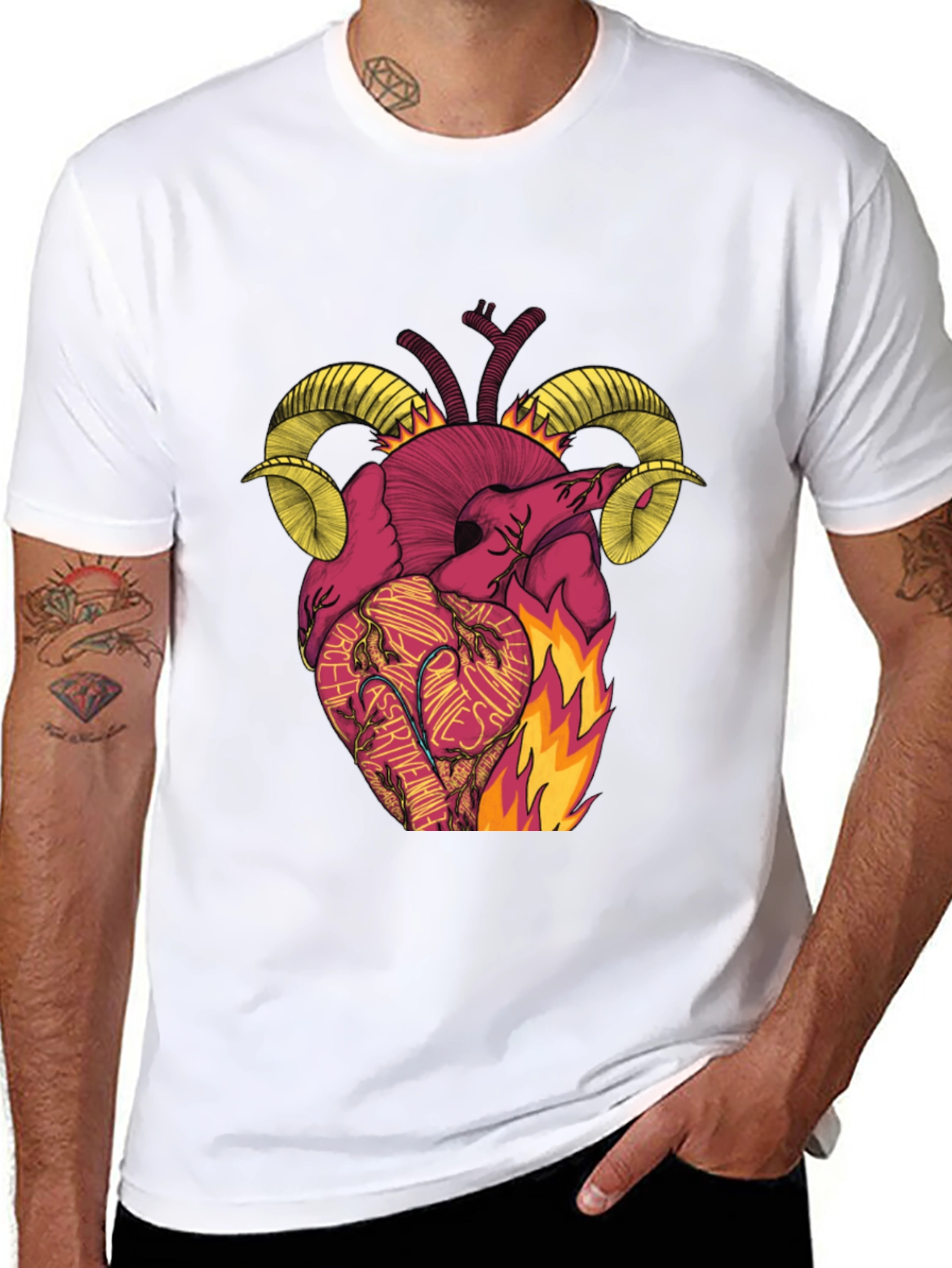 Black Fiery Heart Ram Horn Graphic Tee view 8