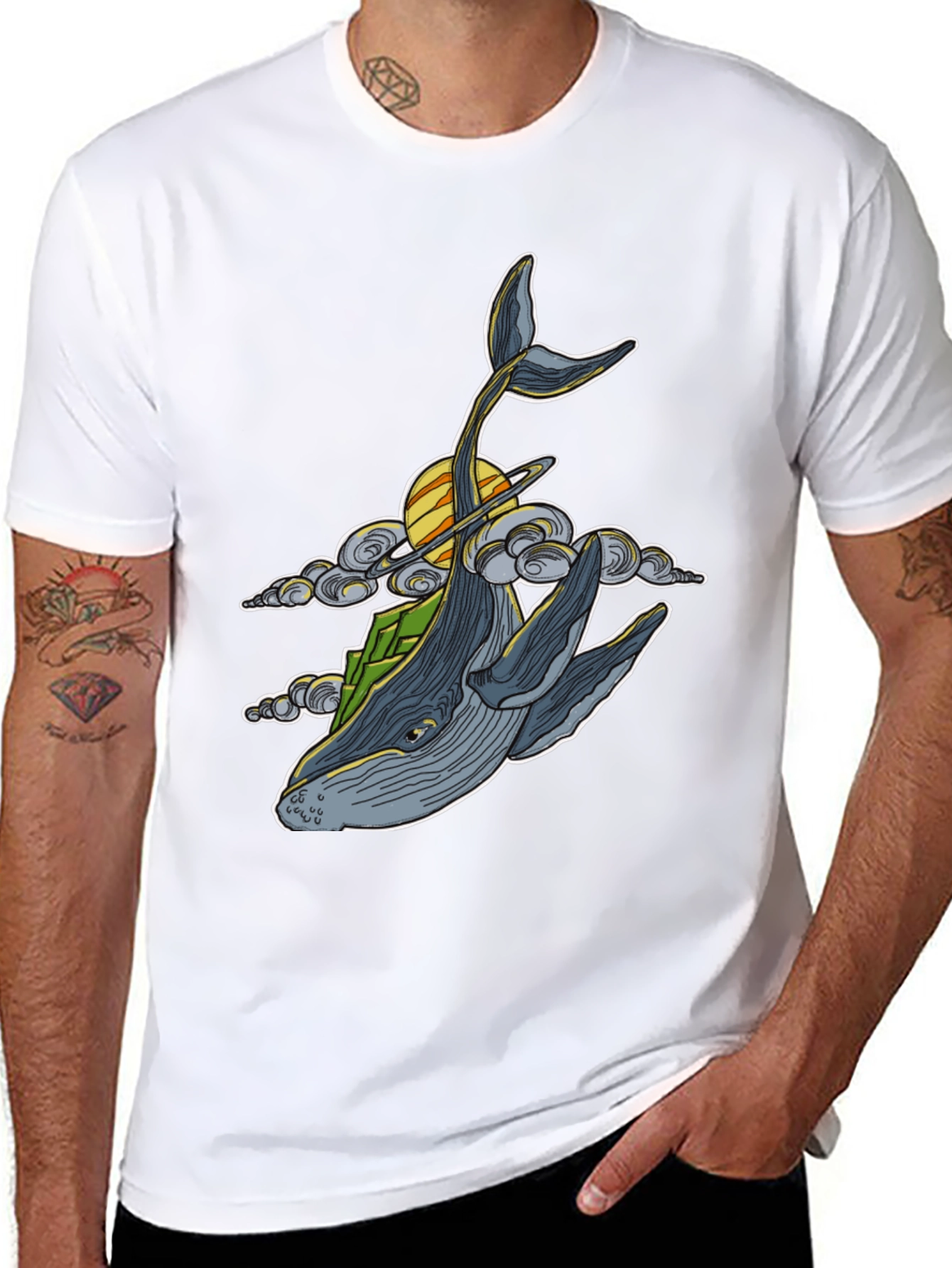 Black Whimsical Whale T-Shirt - Celestial Ocean Design view 8