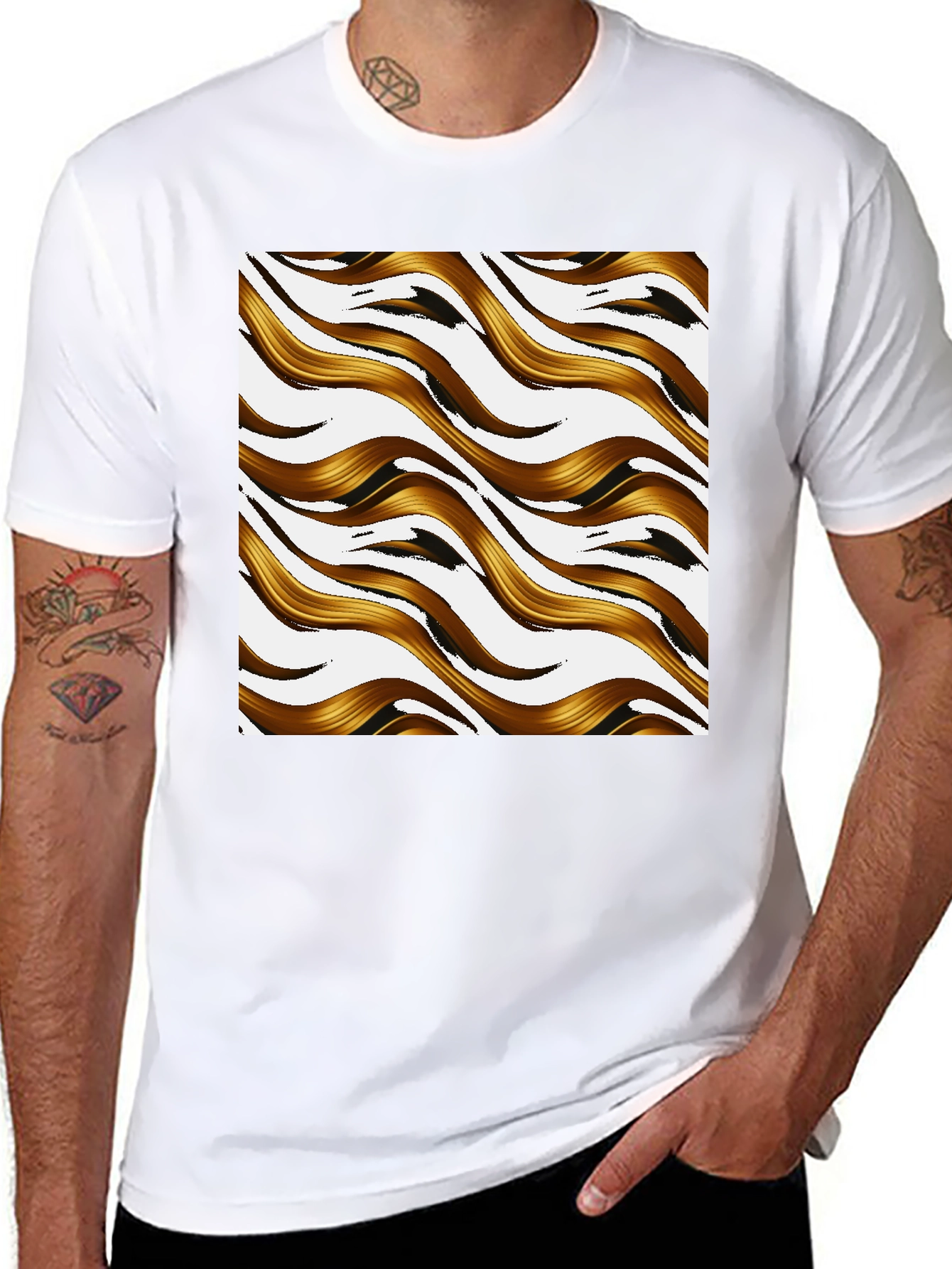 Black Golden Waves Graphic Print Black T-Shirt view 8