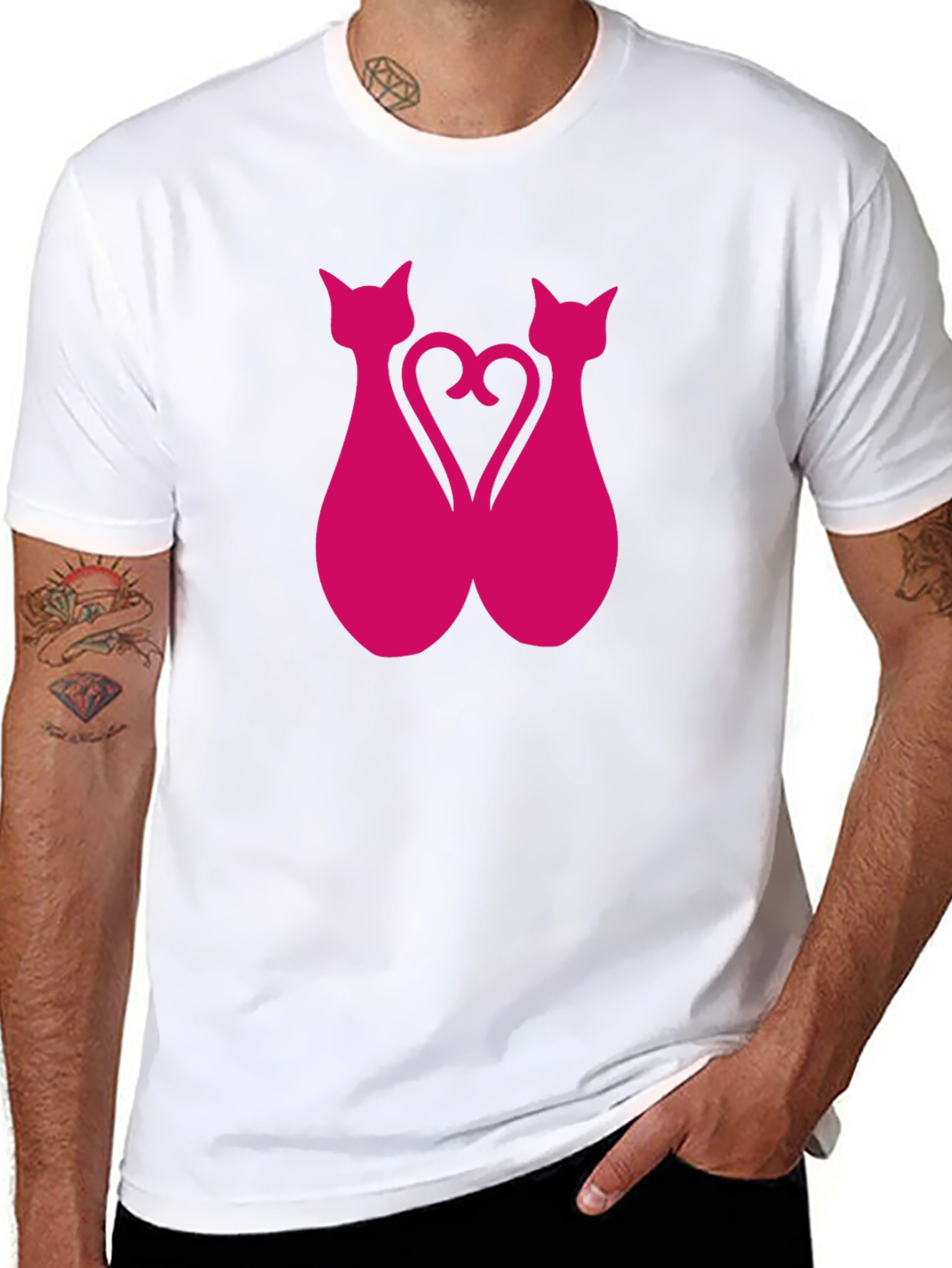 Black Pink Cat Silhouette Heart Graphic Tee view 8