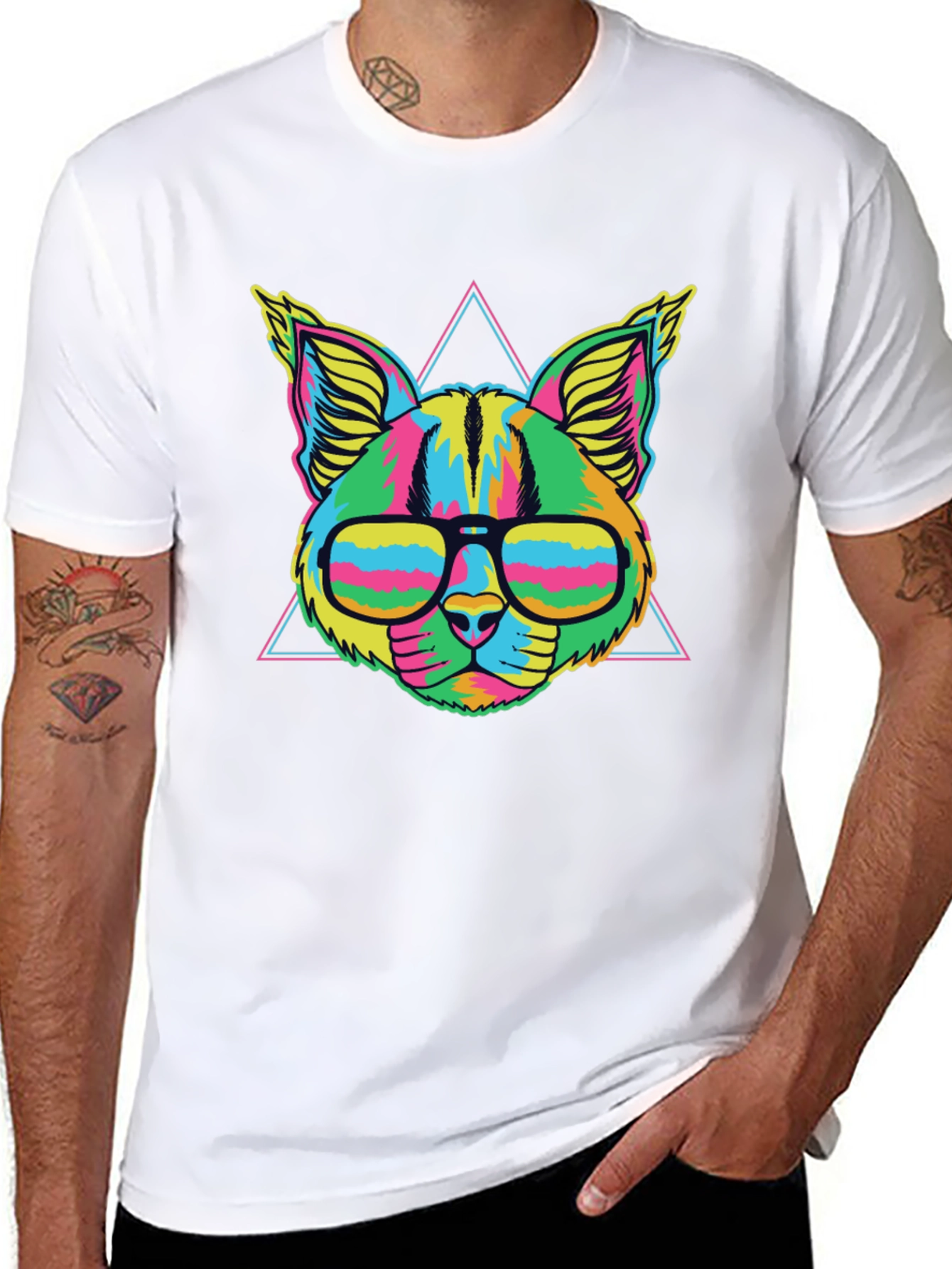 Black Vibrant Neon Cat T-Shirt with Glasses view 8