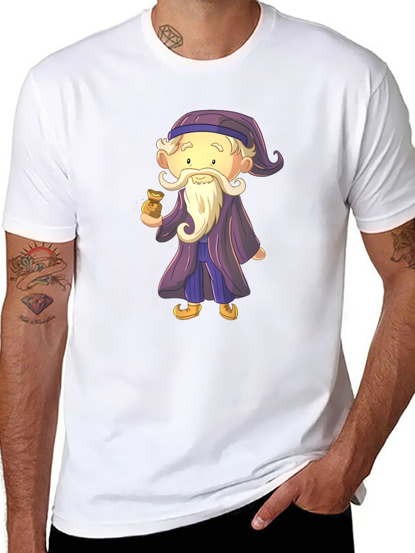 Black Cartoon Wizard Graphic Tee - Black Cotton T-Shirt view 8
