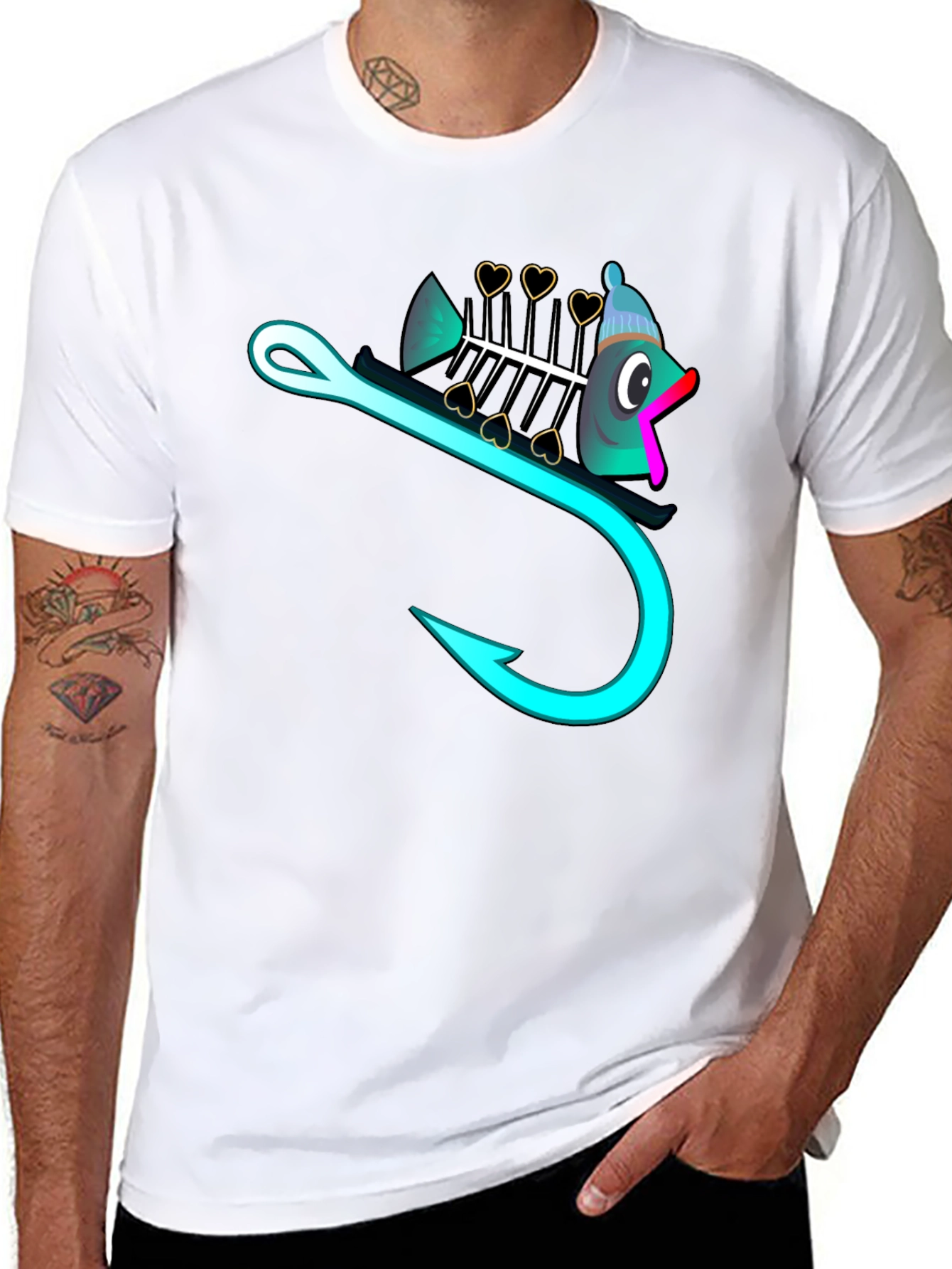 Black Funny Fishbone Hook Graphic T-Shirt view 8