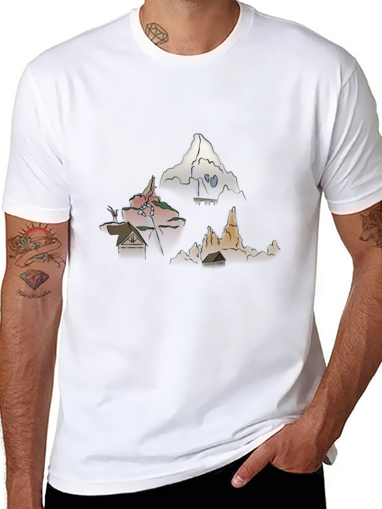 Black Men's Graphic Tee - Cartoon Landscape Print view 8
