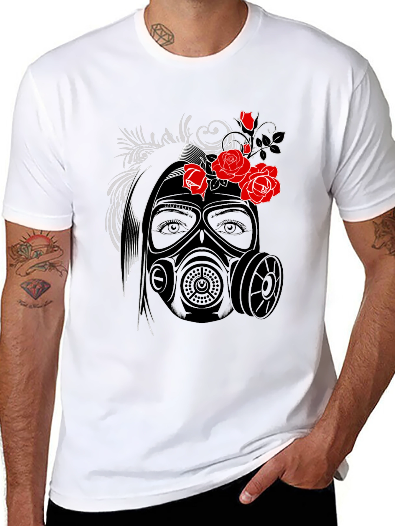 Black Gas Mask Rose Graphic T-Shirt view 8