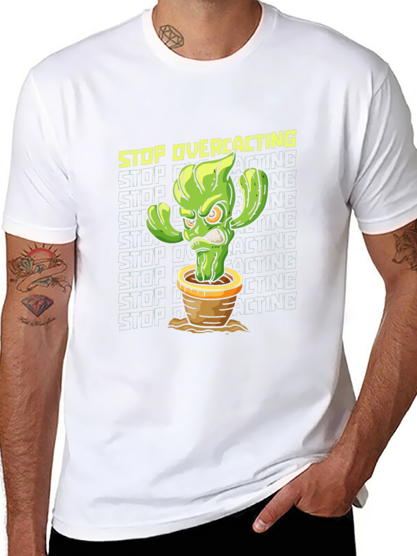 Black Stop Overcacting T-Shirt - Funny Cactus Graphic Tee view 8