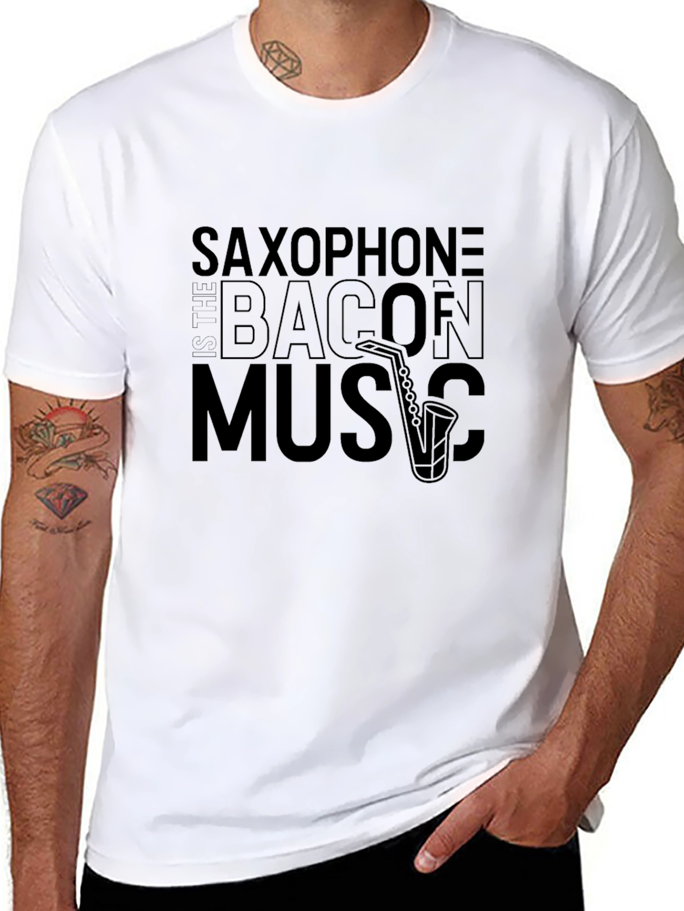 Black Saxophone Bacon Music T-Shirt - Unique Graphic Tee view 8