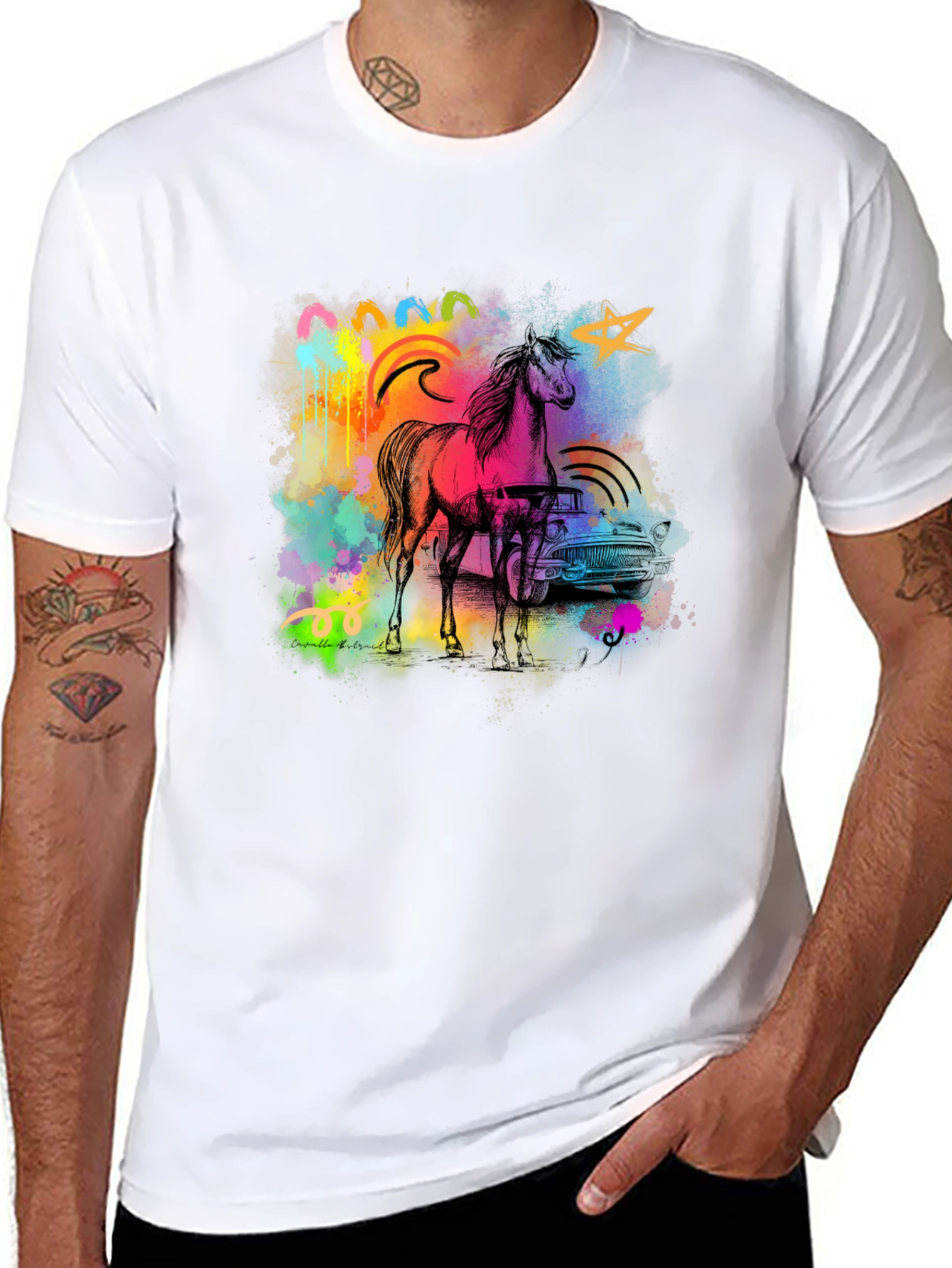 Black Vibrant Horse & Car Graphic Print Black T-Shirt view 8